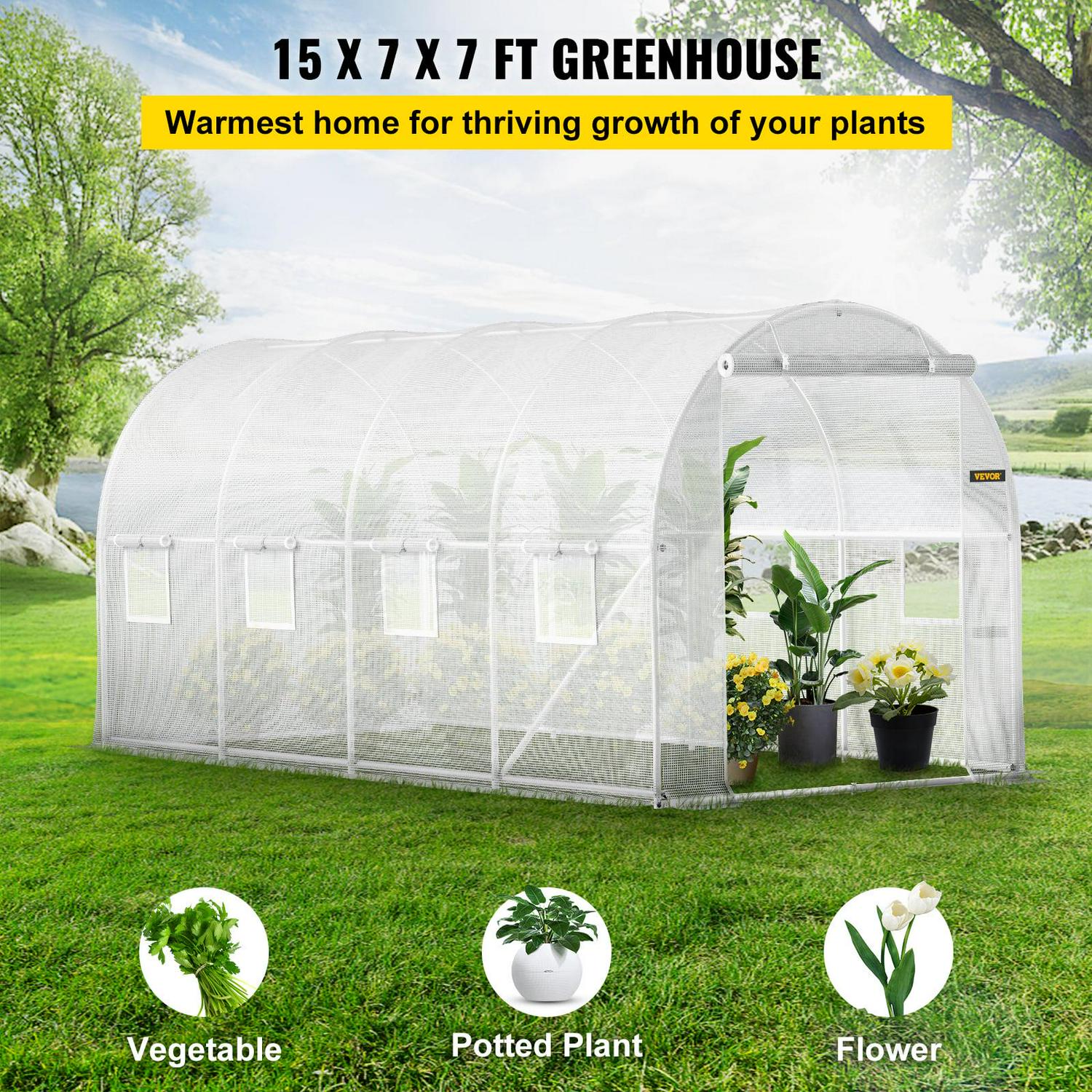 VEVORbrand 15x7x7 ft Walk-in Tunnel Greenhouse, Portable Plant House, Galvanized Steel Frame, Zippered Door, 8 Roll-up Windows, White