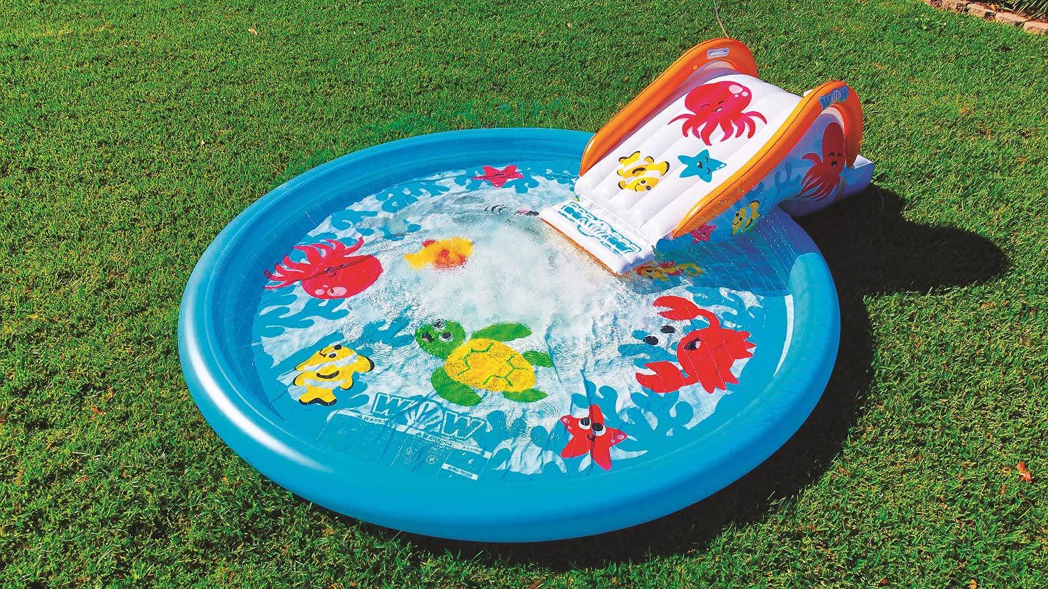 WOW Sports Giant Inflatable Splash Pad 10′ Ocean Animals – Durable PVC, Built-in Sprinkler System, Family Wading Pool