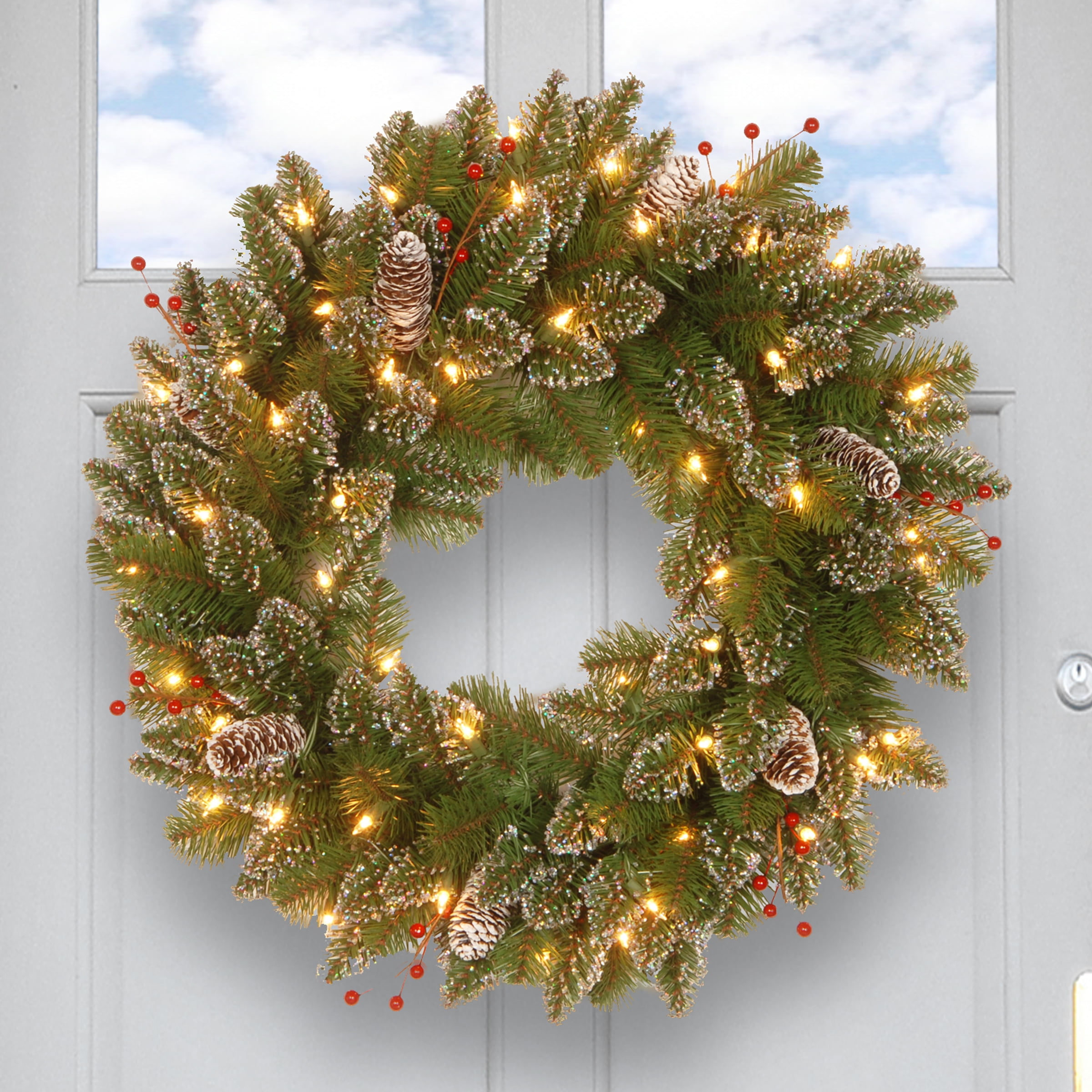 National Tree Company Glittery Mountain Spruce Wreath, 24-Inch with LED Lights and Timer, Indoor/Outdoor Decor