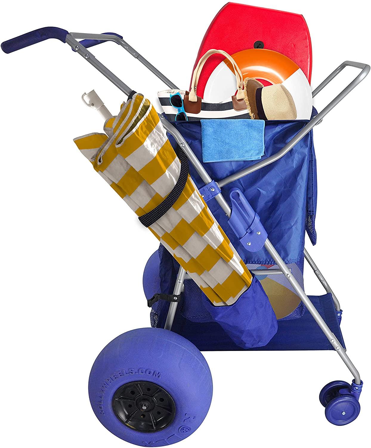 RollX Foldable Beach Cart with 12′′ Balloon Wheels, Mesh Storage & Umbrella Holder – Blue