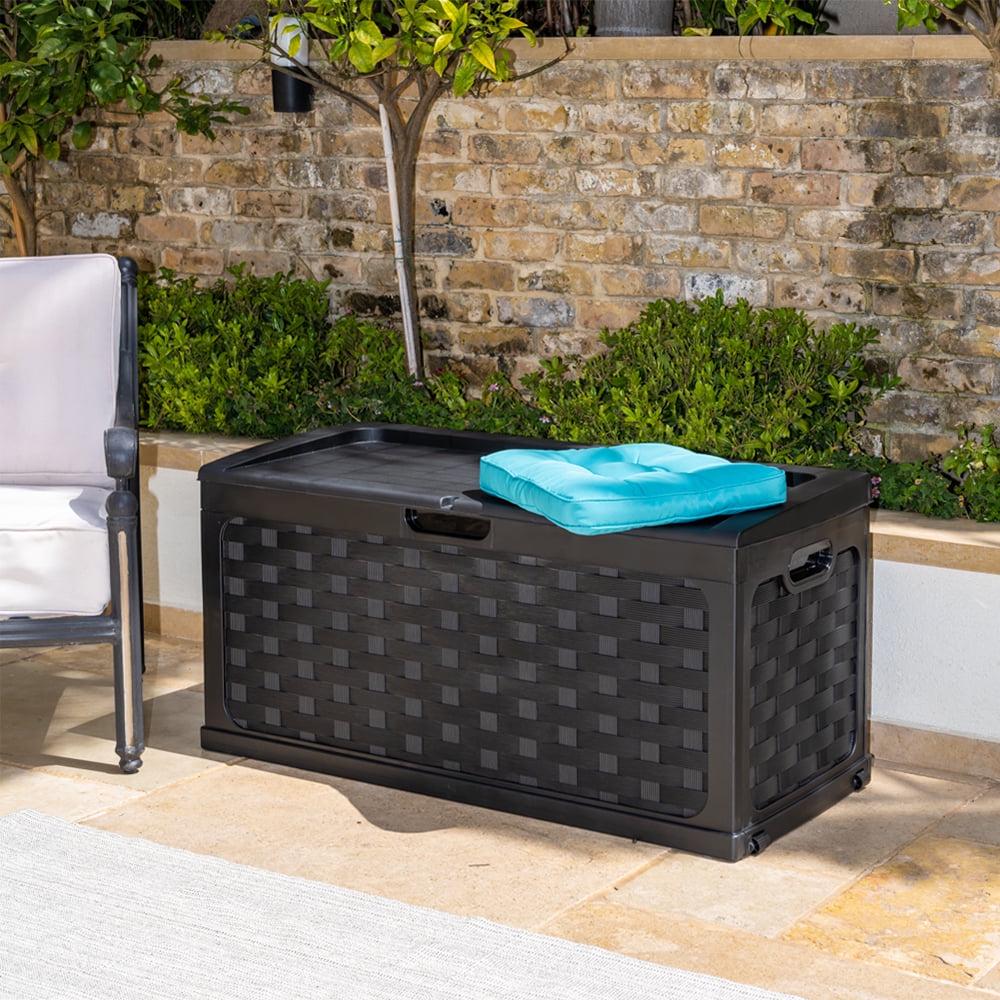 Starplast 88 Gallon Black Rattan Deck Box – Weather Resistant, Locking Seat for Outdoor Storage