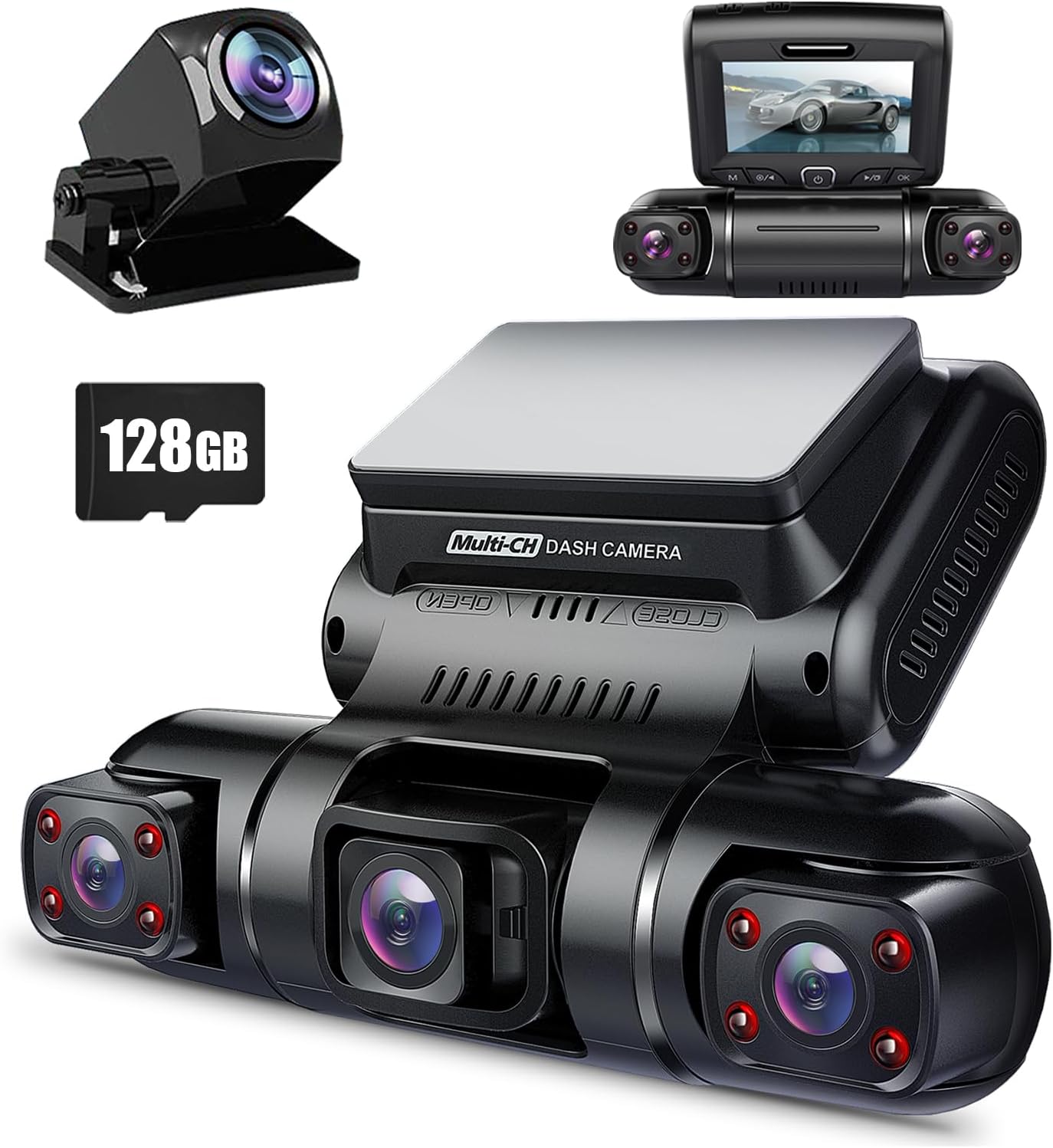 D90 4-Channel Dash Cam with GPS & WiFi, FHD 1080P, Front/Rear/Side, Includes Free 128GB Card, Supports Up to 256GB