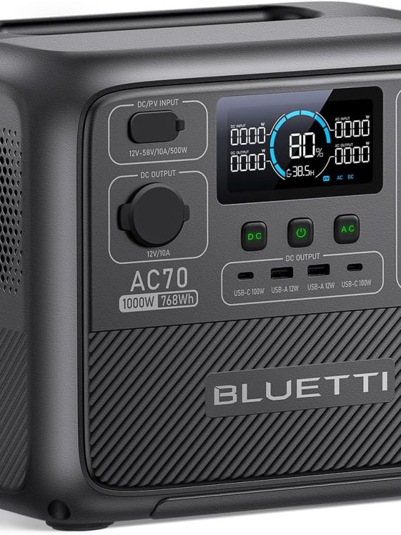 BLUETTI AC70 Portable Power Station, 768Wh LiFePO4 Battery, Dual 1000W AC Outlets, 100W Type-C, Solar Generator for Travel & Backup