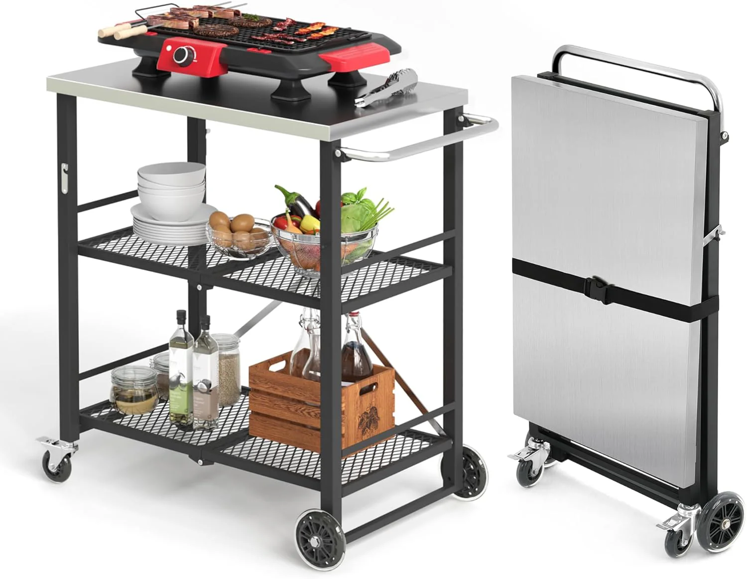 Foldable Outdoor Grill Cart with Total Lock Casters - Stainless Steel Pizza Oven Stand