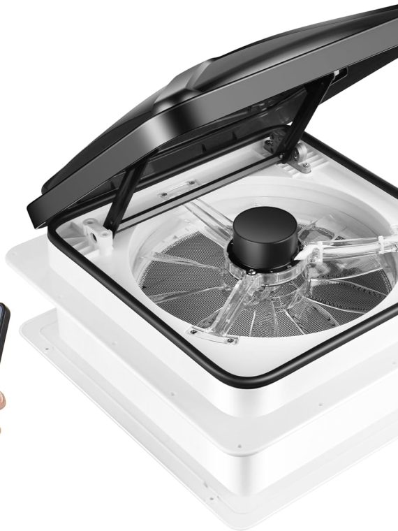 MaxxAir 10-Speed Roof Vent Fan 12V with Thermostat, Rain Sensor, Remote & App Control, 14′′x14′′ Reversible Powered Lift