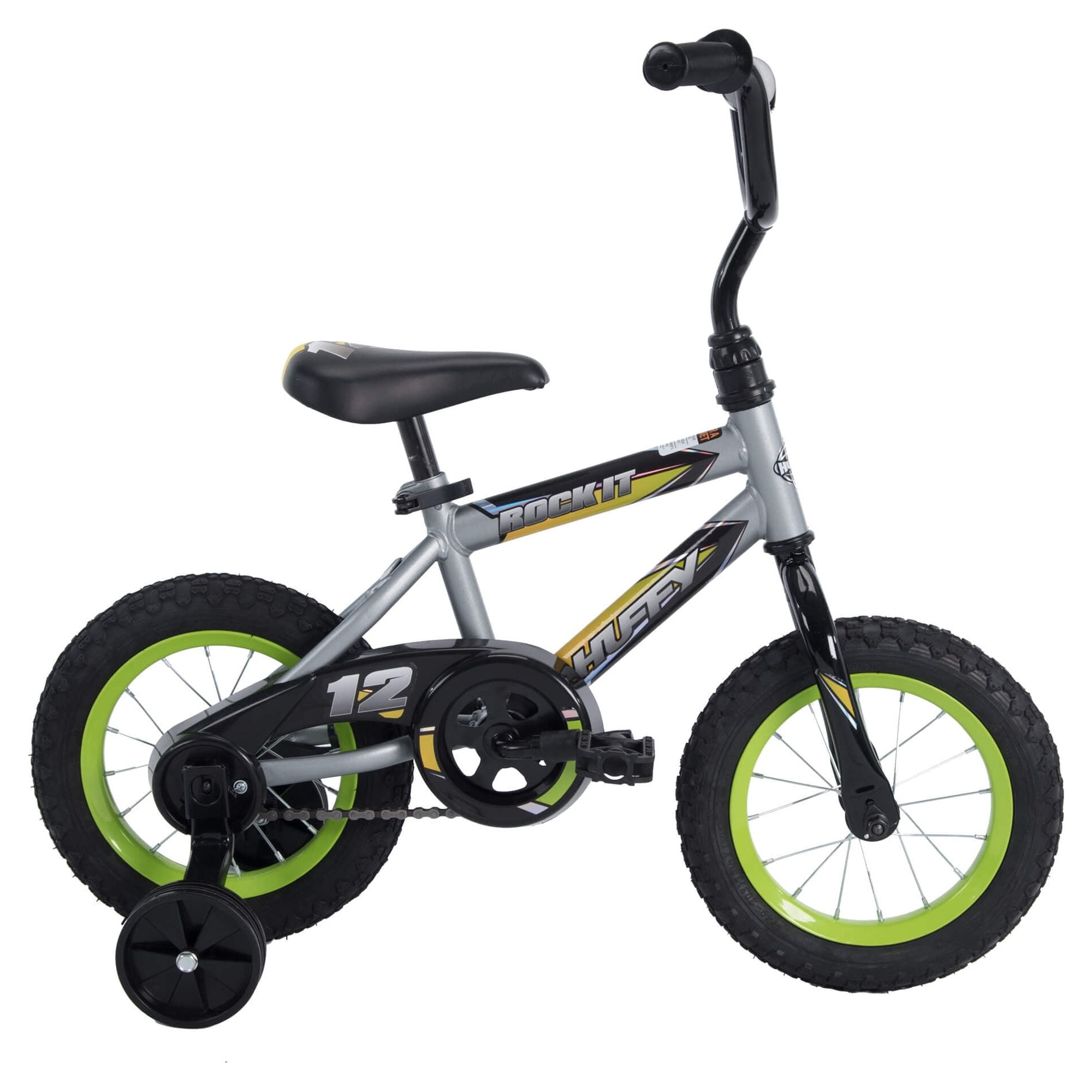 Huffy Rock It Kids Bicycle 12′′ Wheels, Grey & Lime, Ages 3+, Training Wheels, Steel Frame