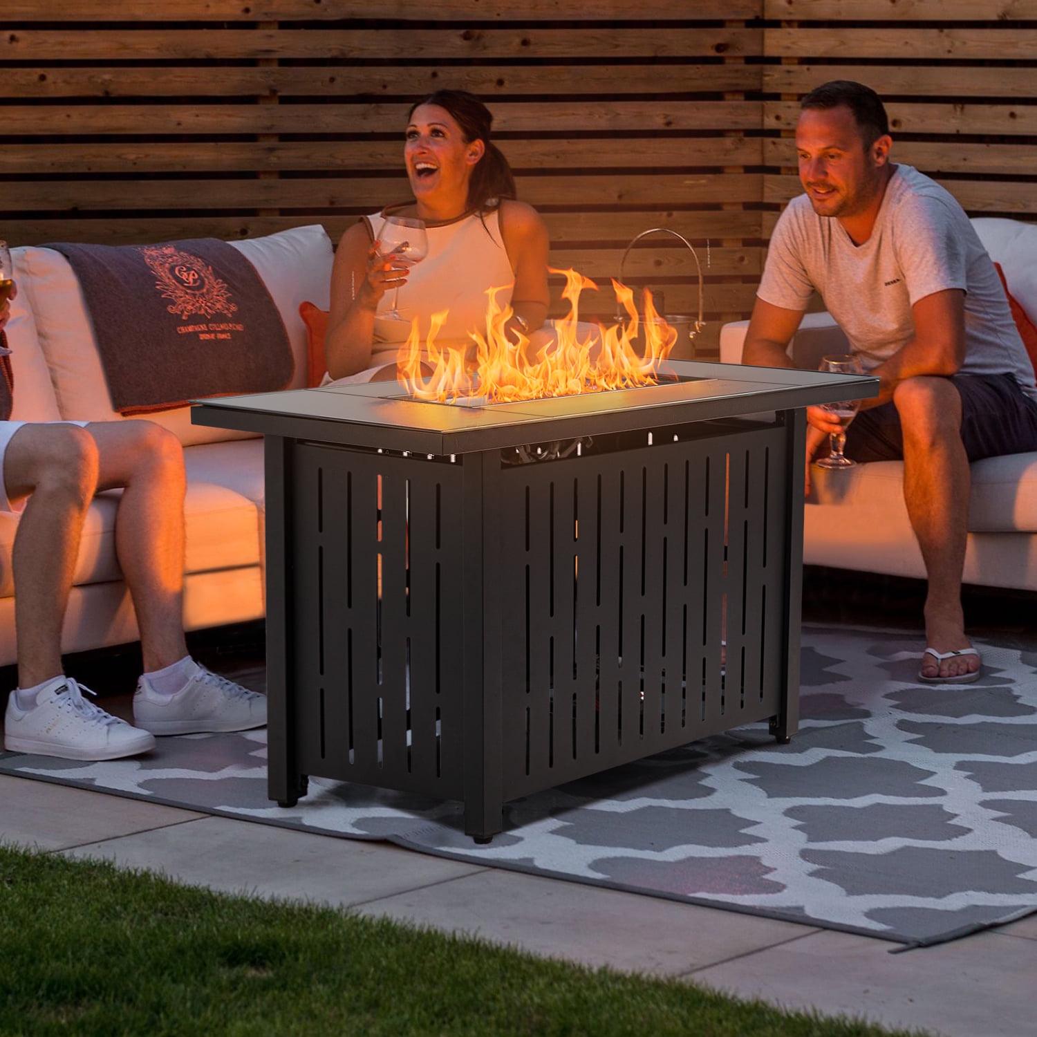 Vineego 43′′ Gas Fire Pit Table, 50,000 BTU, Black, Propane, Outdoor/Indoor, Auto-Ignition, Includes Blue Fire Glass & Cover