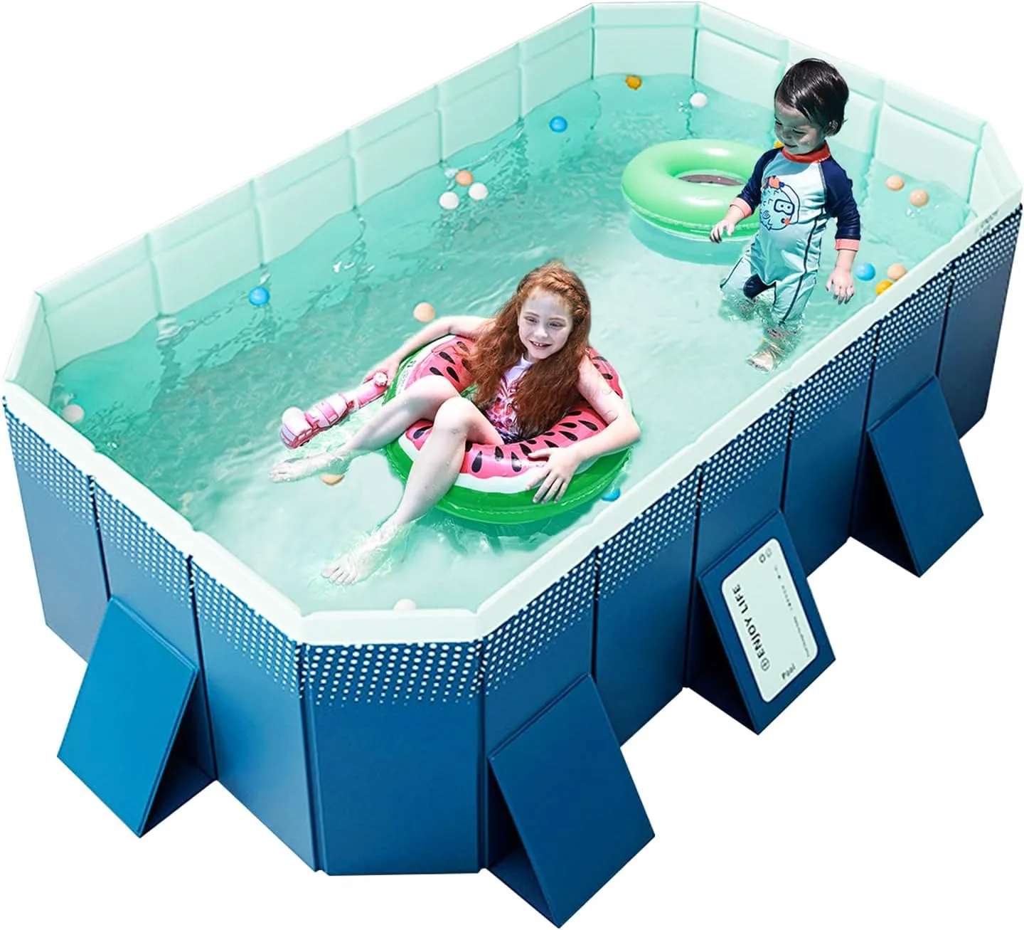 La ForFoir Foldable Swimming Pool, 1039 Gallons, 158′′x76′′x20′′, Rectangular, Blue, MDF & PVC, Outdoor Kids & Adults Pool