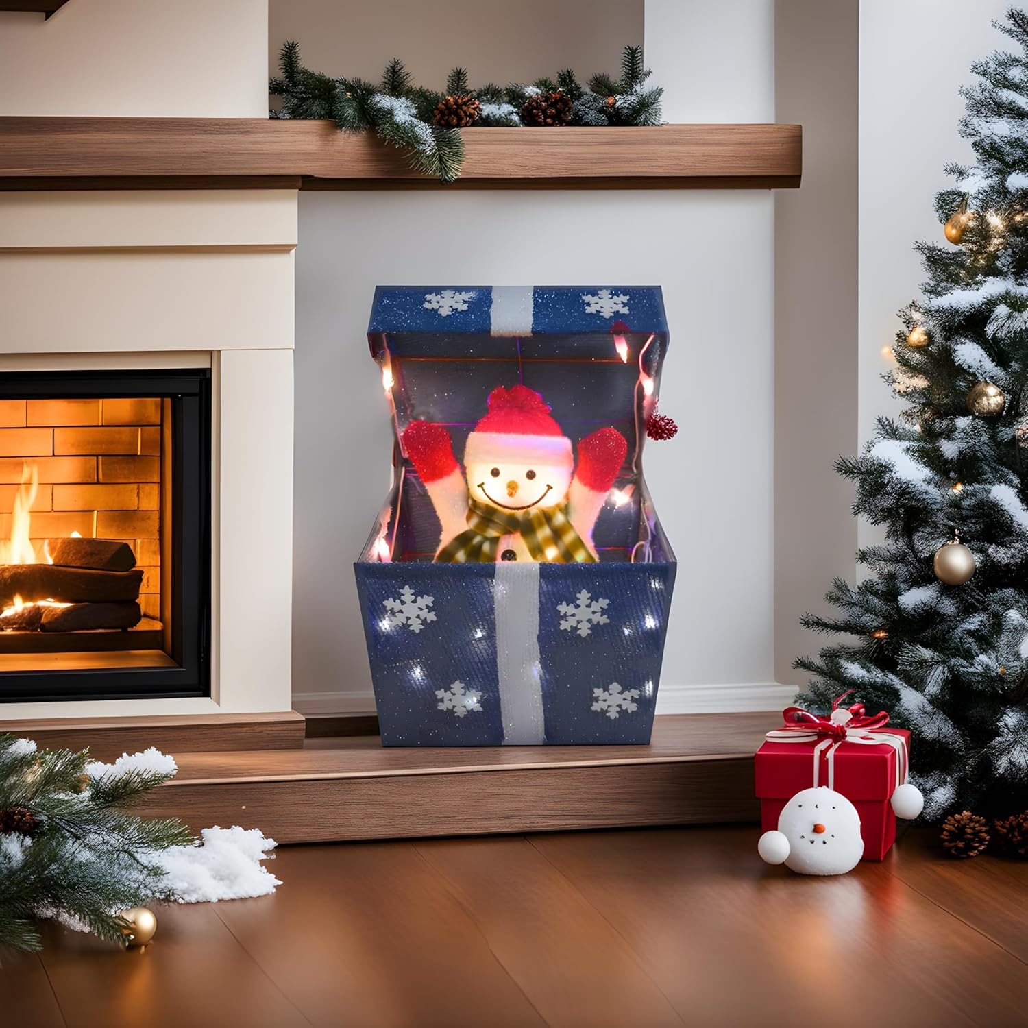 SkyMall Lighted Animated Snowman Box, Christmas Decor, 20 Blue Lights, Indoor/Outdoor Use, 11×7.9×11.8 in