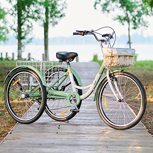 Viribus Adult Tricycle 7-Speed, 24′′ Wheels, High Carbon Steel Frame, Front & Rear Baskets, Adjustable Saddle