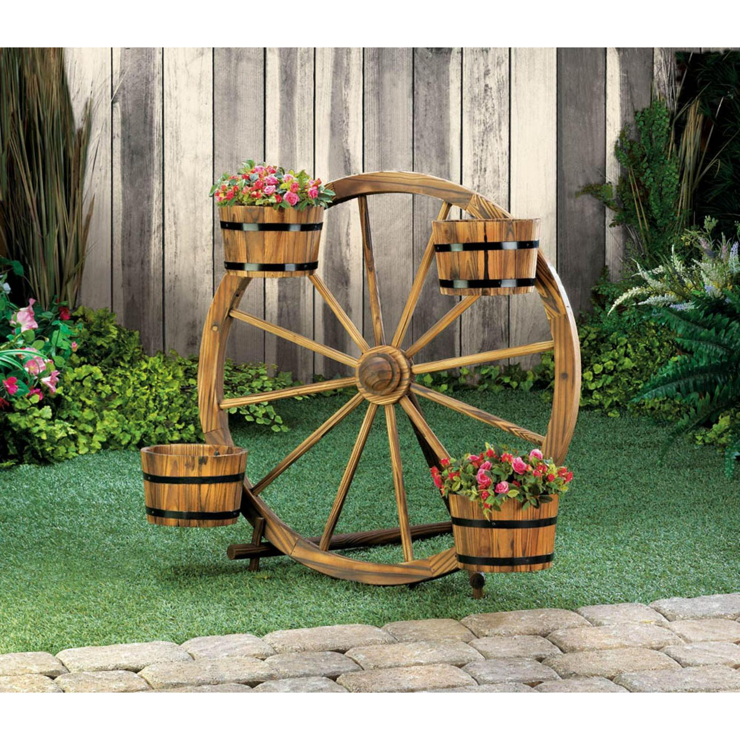 Zingz & Thingz Wagon Wheel Barrel Planter, Brown/Black, Fir Wood, Indoor/Outdoor Display