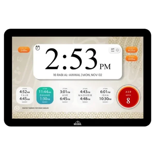 Masjidal 14 Digital Azan Clock with WiFi Dynamic Touch Screen Worldwide Prayer Times