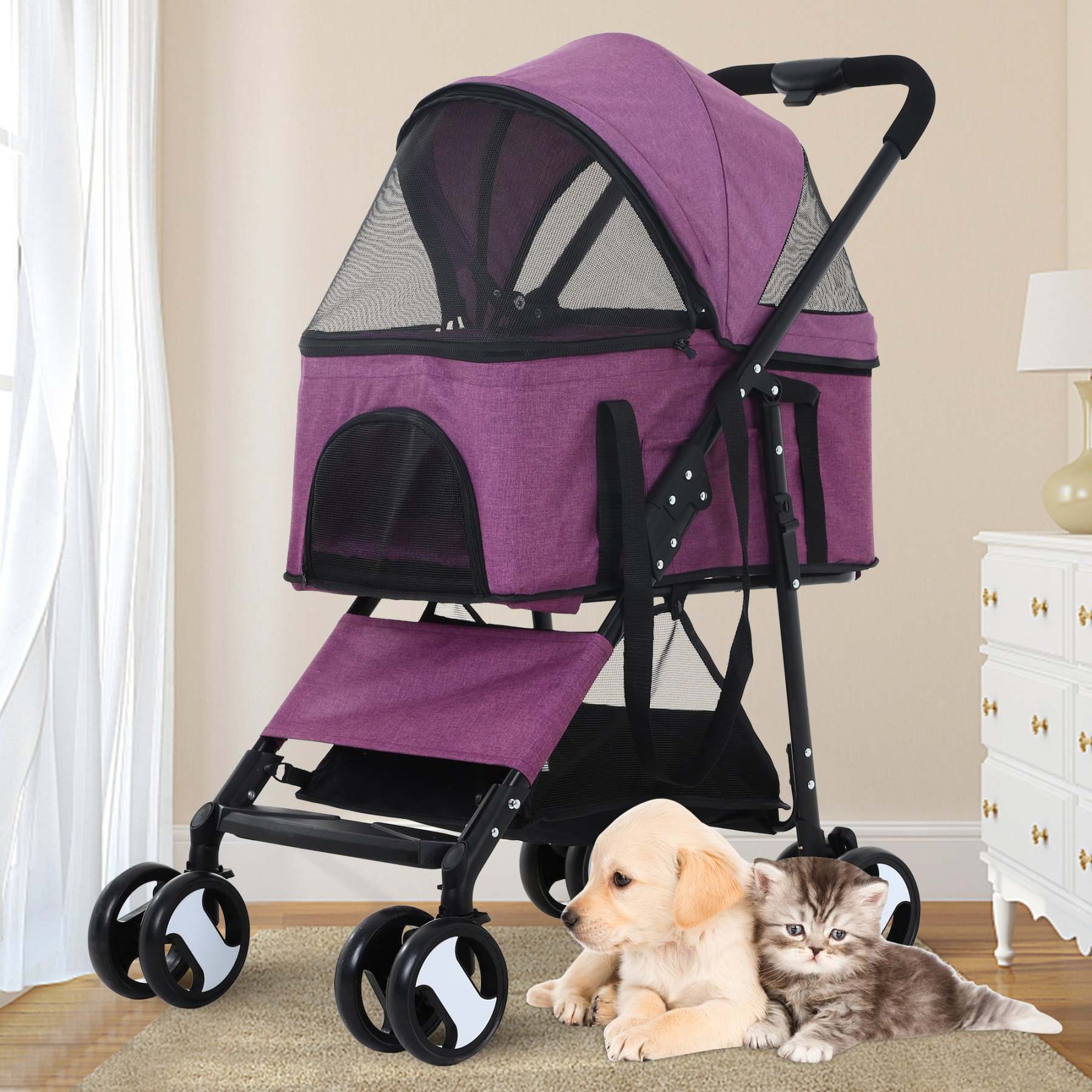 Pet Gear 3-in-1 Folding Pet Stroller with Detachable Carrier, Purple, 44lb Capacity