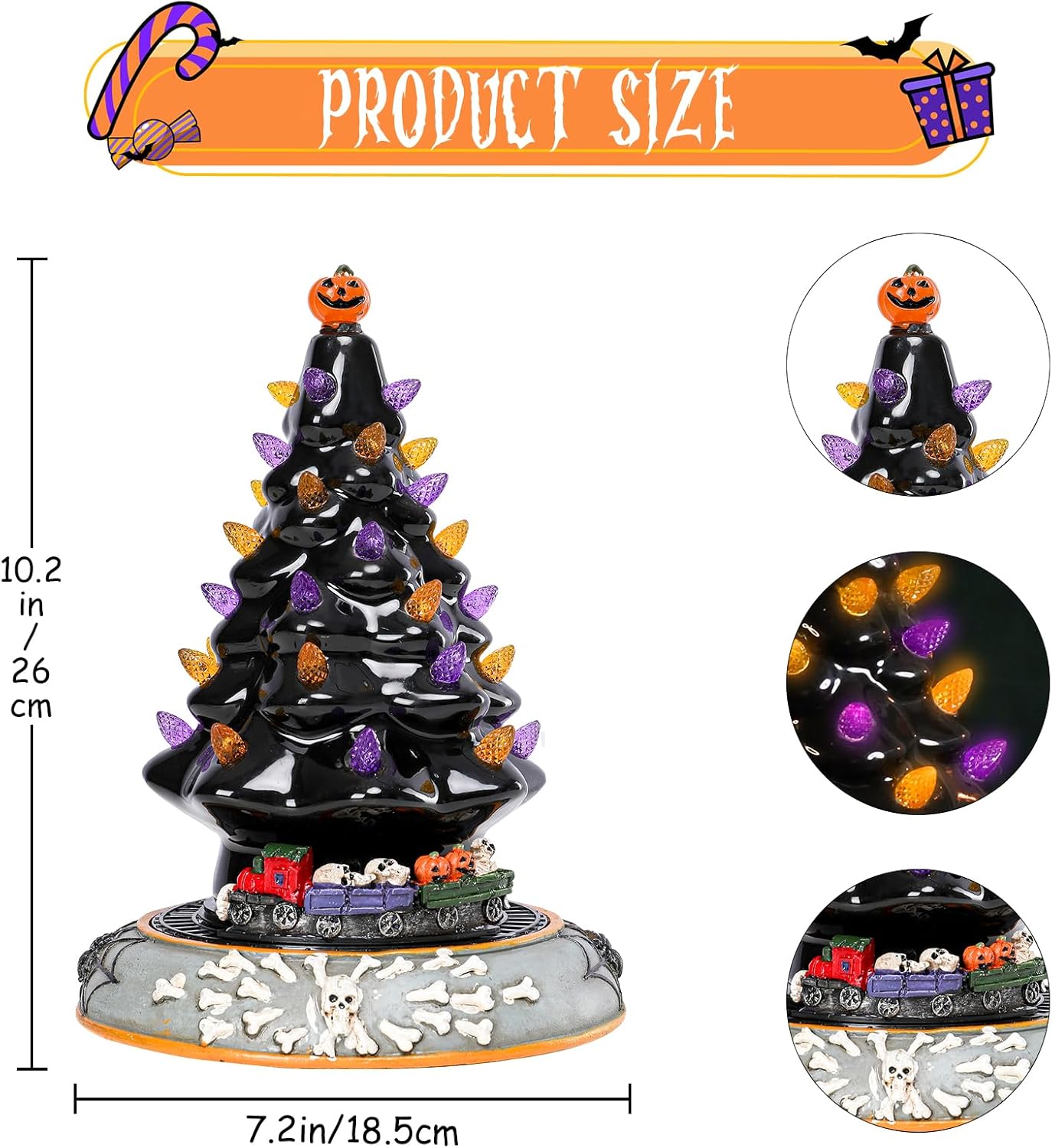 Aircity Halloween Lighted Ceramic Tree with Moving Train, LED Lights & Music, 10′′ Black Tabletop Decor