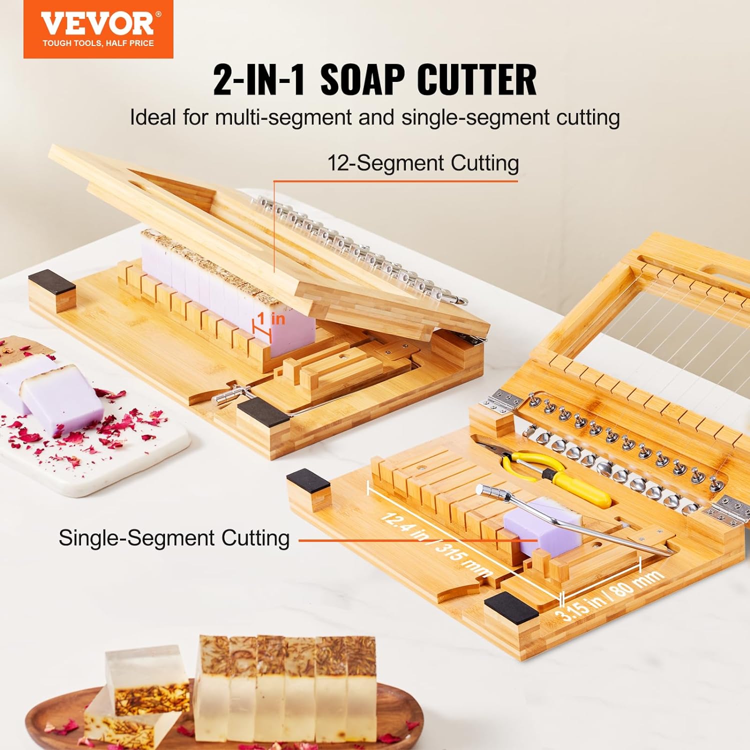 VEVOR 2-in-1 Soap Cutter, Bamboo & Stainless Steel, Adjustable Wire, Multi-Mode for Soap, Candles, Cheese, Model KH-Q05