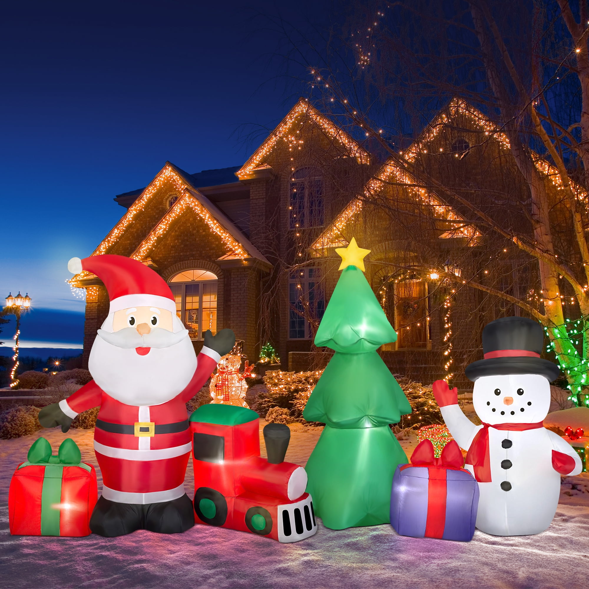 Yexmas 9FT Christmas Inflatable Set with LED Lights – Santa, Snowman, Train, Gift Boxes & Tree for Indoor/Outdoor Decor