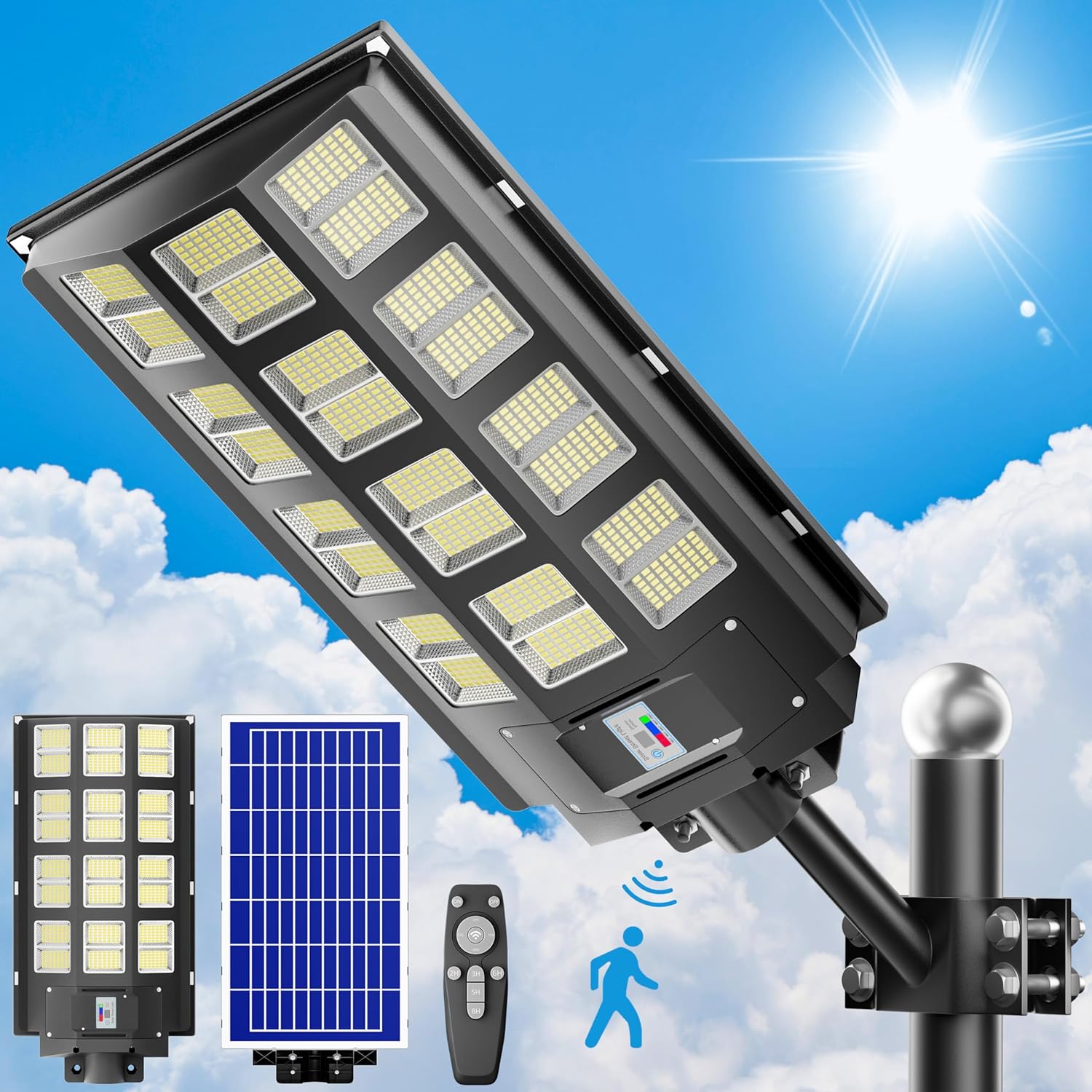 Solar Street Lights 3-Pack, 360000LM, 7000K, Waterproof, Dusk to Dawn, Motion Sensor, 7200W, Outdoor LED, Yard & Parking Lot Lighting