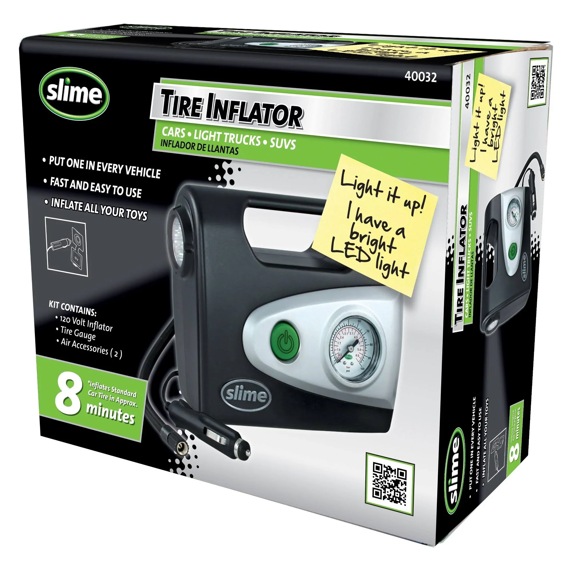 Slime Portable Tire Inflator 12V with LED Light and Adapters for Cars and Toys