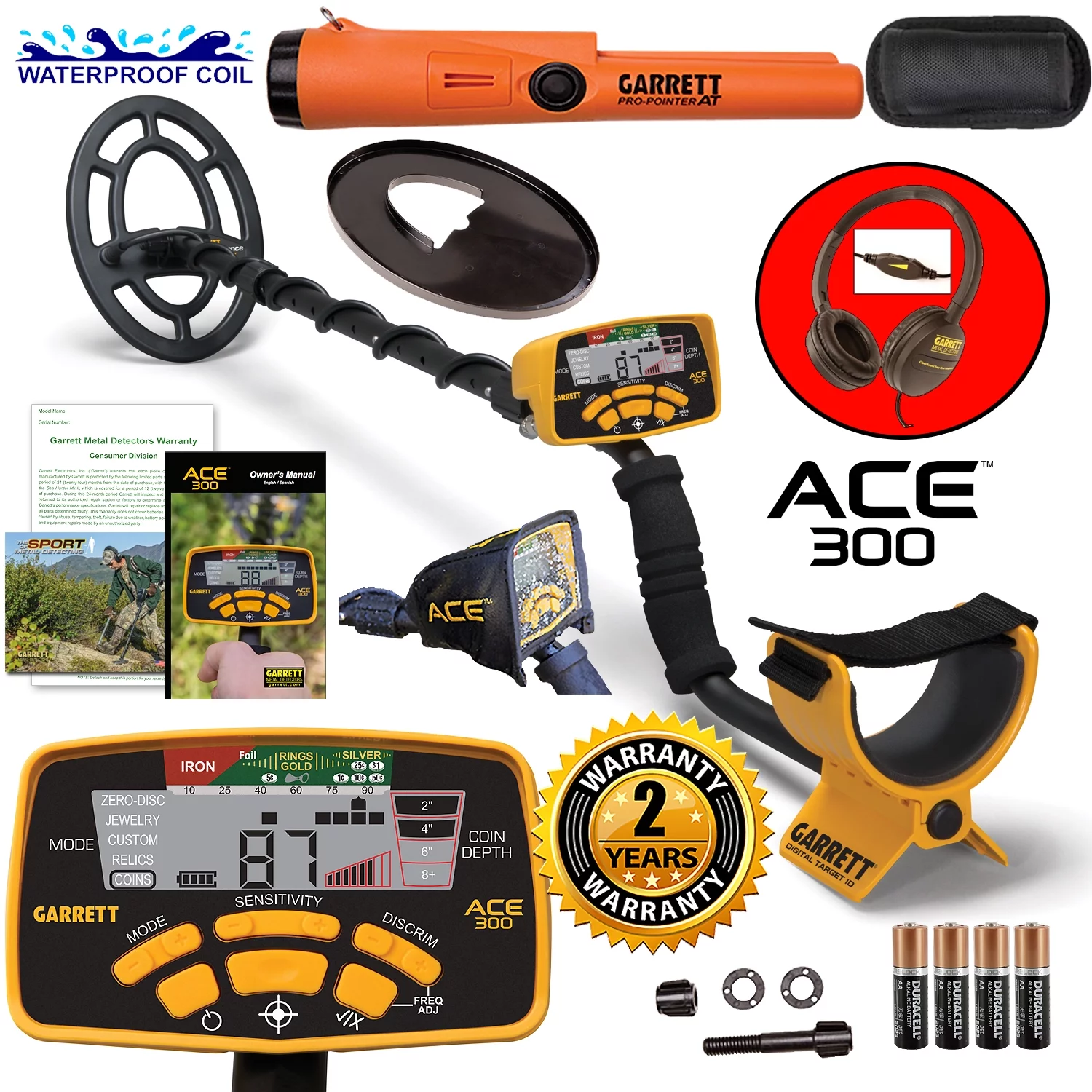 Garrett ACE 300 Metal Detector with 7′′x10′′ Waterproof Coil, Pro-Pointer AT, and Headphones