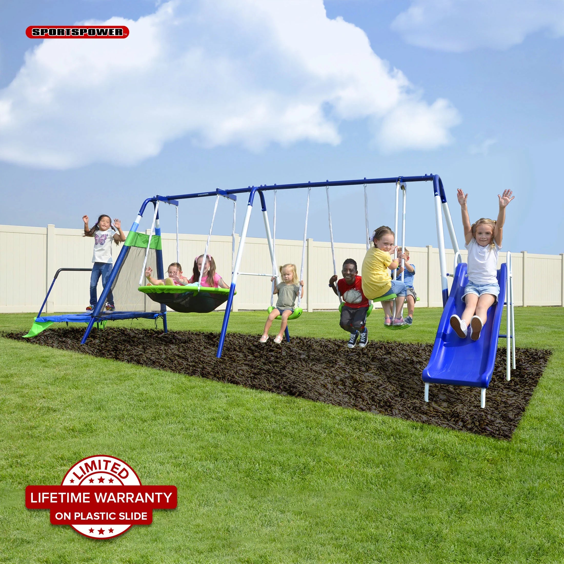 Sportspower Mountain View Metal Swing Set – Glide Ride, Saucer, Trampoline & Slide with Lifetime Warranty