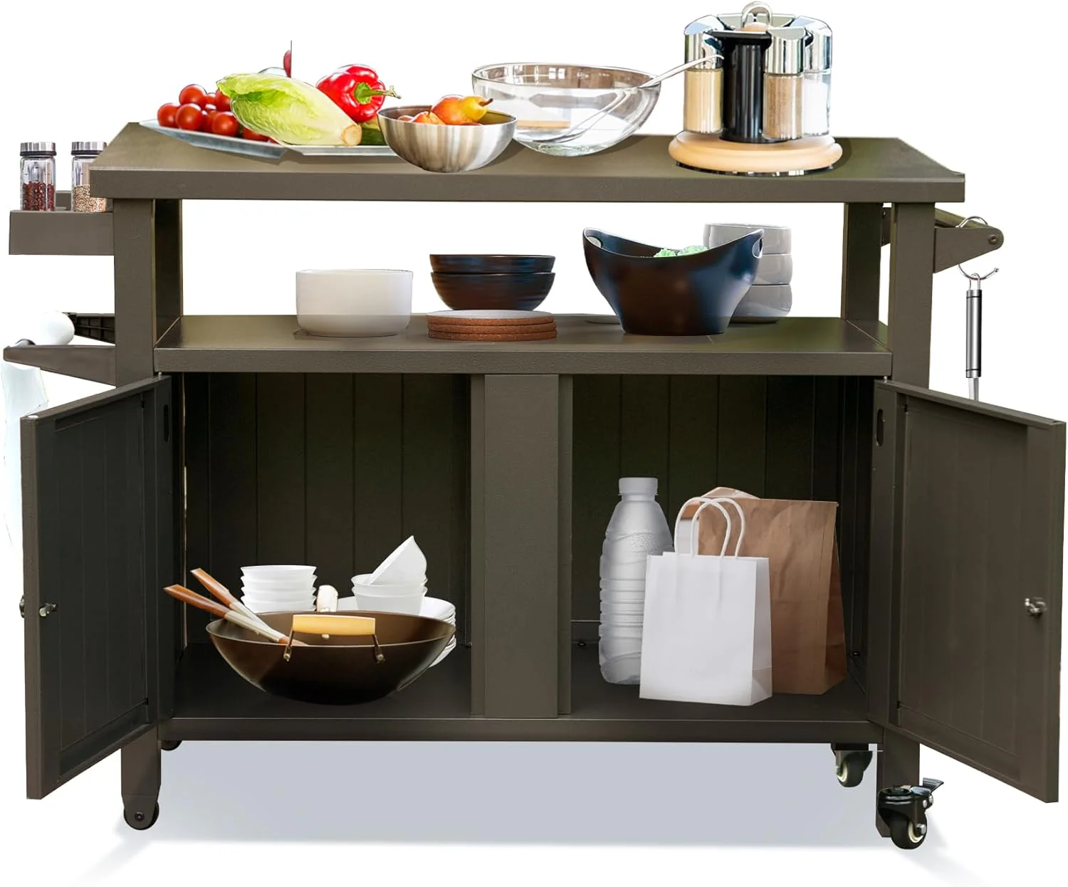 Heavy Duty Galvanized Steel Outdoor Storage Cabinet with Wheels – XL BBQ Grill Table, 57 Gallon Capacity, Brown & Grey