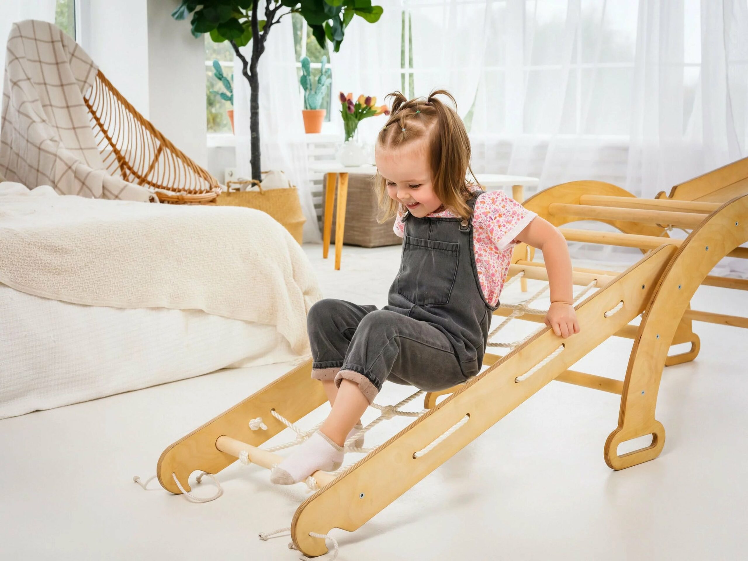 Goodevas 4-in-1 Montessori Indoor Playground for Kids 1-7: Foldable Triangle Ladder, Climbing Arch, Slide Board & Spider Net