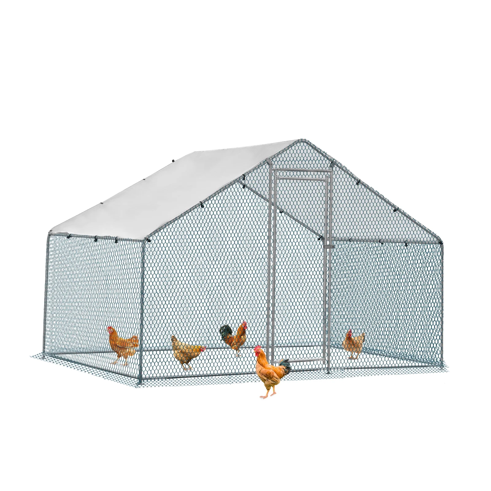 ZephyPaws Large Metal Chicken Coop 6.5×10 ft, Walk-in Poultry Cage with Waterproof Cover for Backyard Farm