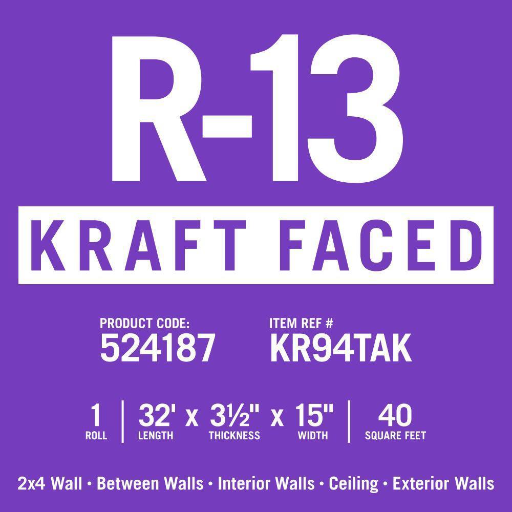 Knauf EcoRoll R-13 Kraft Faced Fiberglass Insulation, 15′′x32′, Formaldehyde-Free