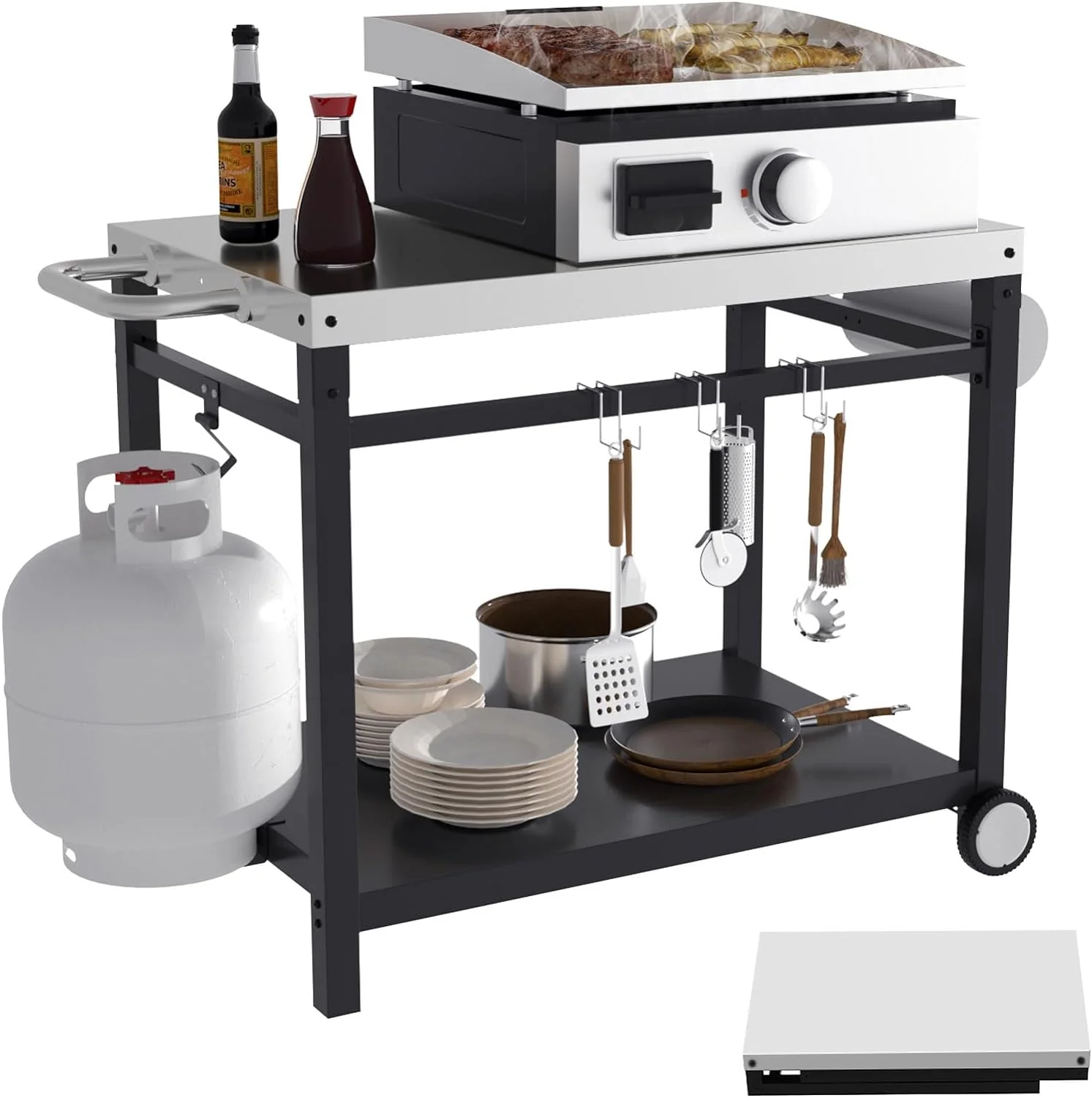 GLOWYE Stainless Steel Foldable BBQ Grill Cart with Wheels – Outdoor Dining Table & Food Prep Station
