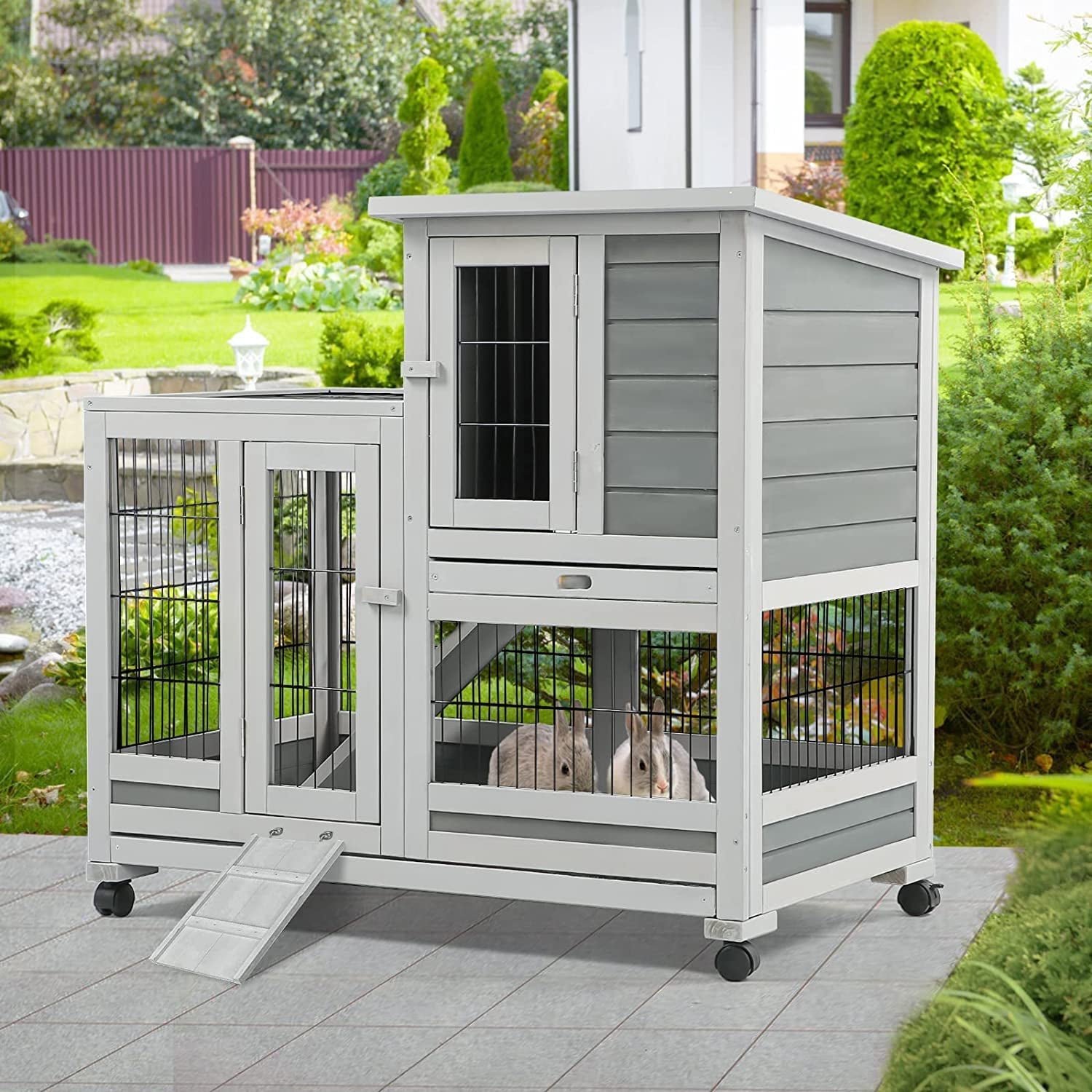 YODOLLA Large Indoor Rabbit Hutch with Wheels, Fir Wood Bunny Cage for Small Animals, Easy Clean Trays & Nesting Box