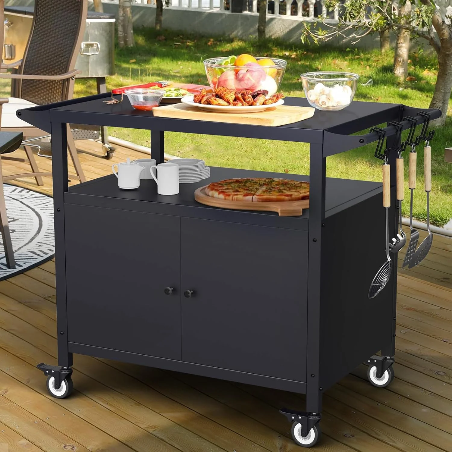 Outdoor Grill Table with Storage, Movable Grill Cart, BBQ Serving Cart with Utensil Hooks
