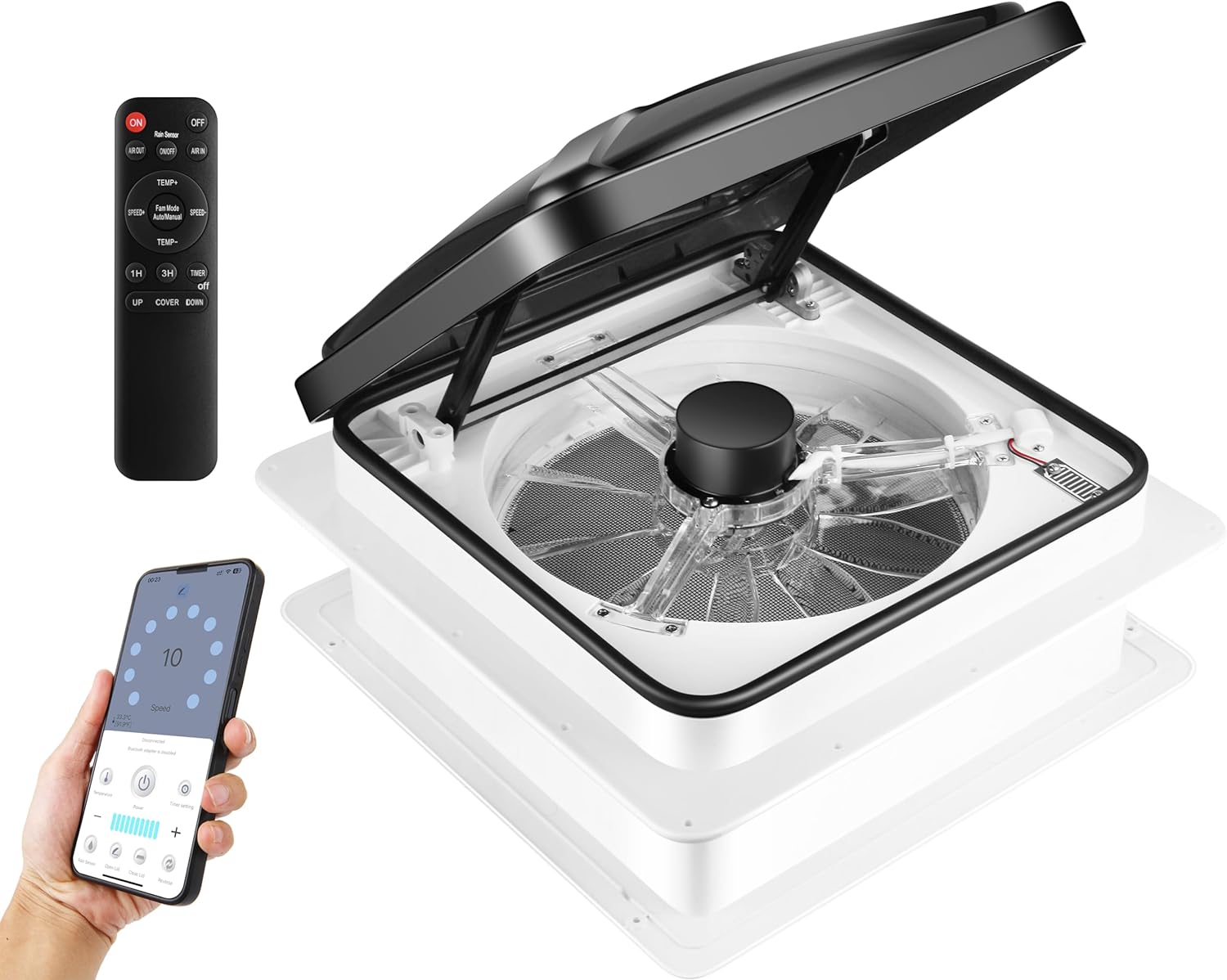 MaxxAir 10-Speed Roof Vent Fan 12V with Thermostat, Rain Sensor, Remote & App Control, 14′′x14′′ Reversible Powered Lift