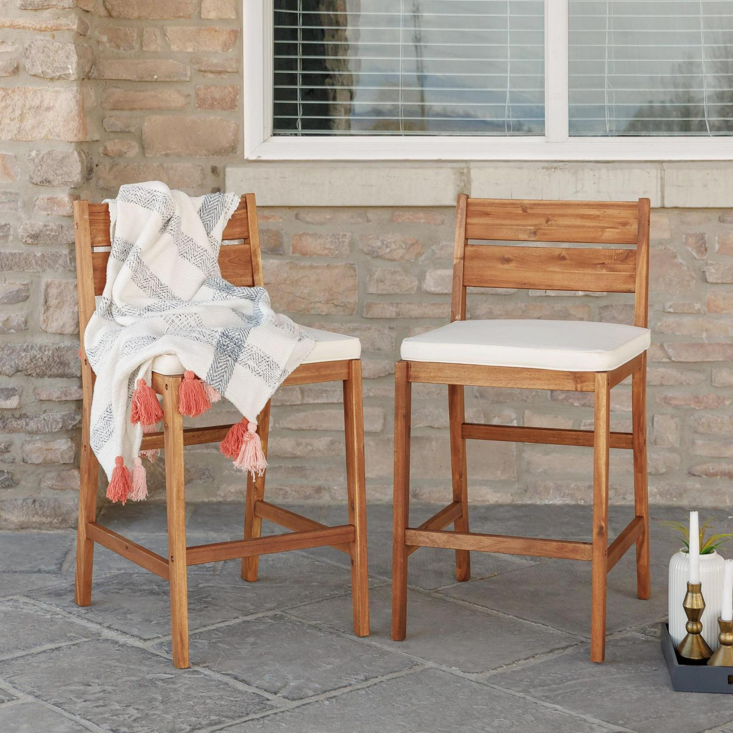 Manor Park Modern Acacia Wood Patio Counter Stools Set of 2, Dark Brown, with Cushions