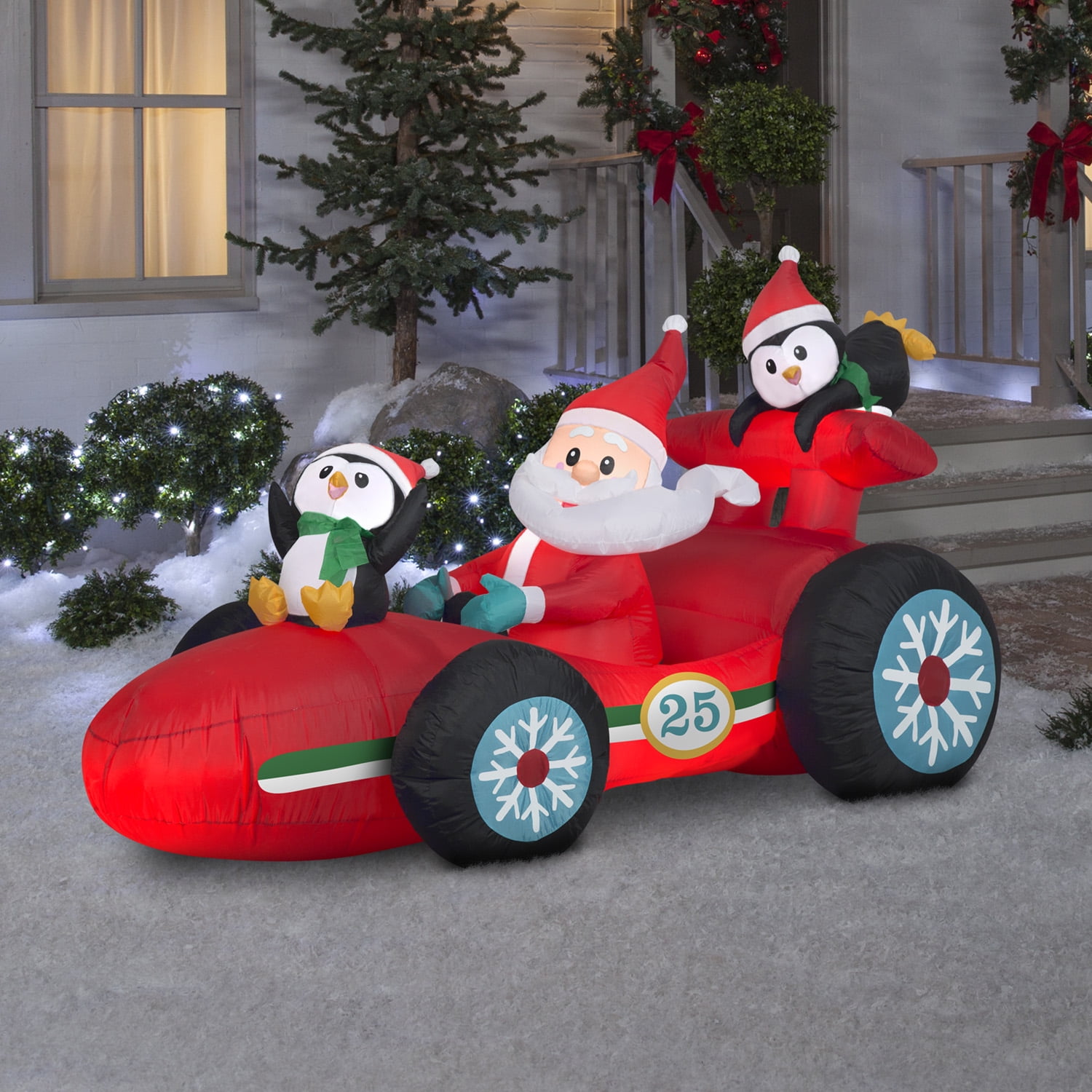 Gemmy Christmas 4ft Inflatable Santa Racecar with Penguins, LED Lights, Outdoor Decor