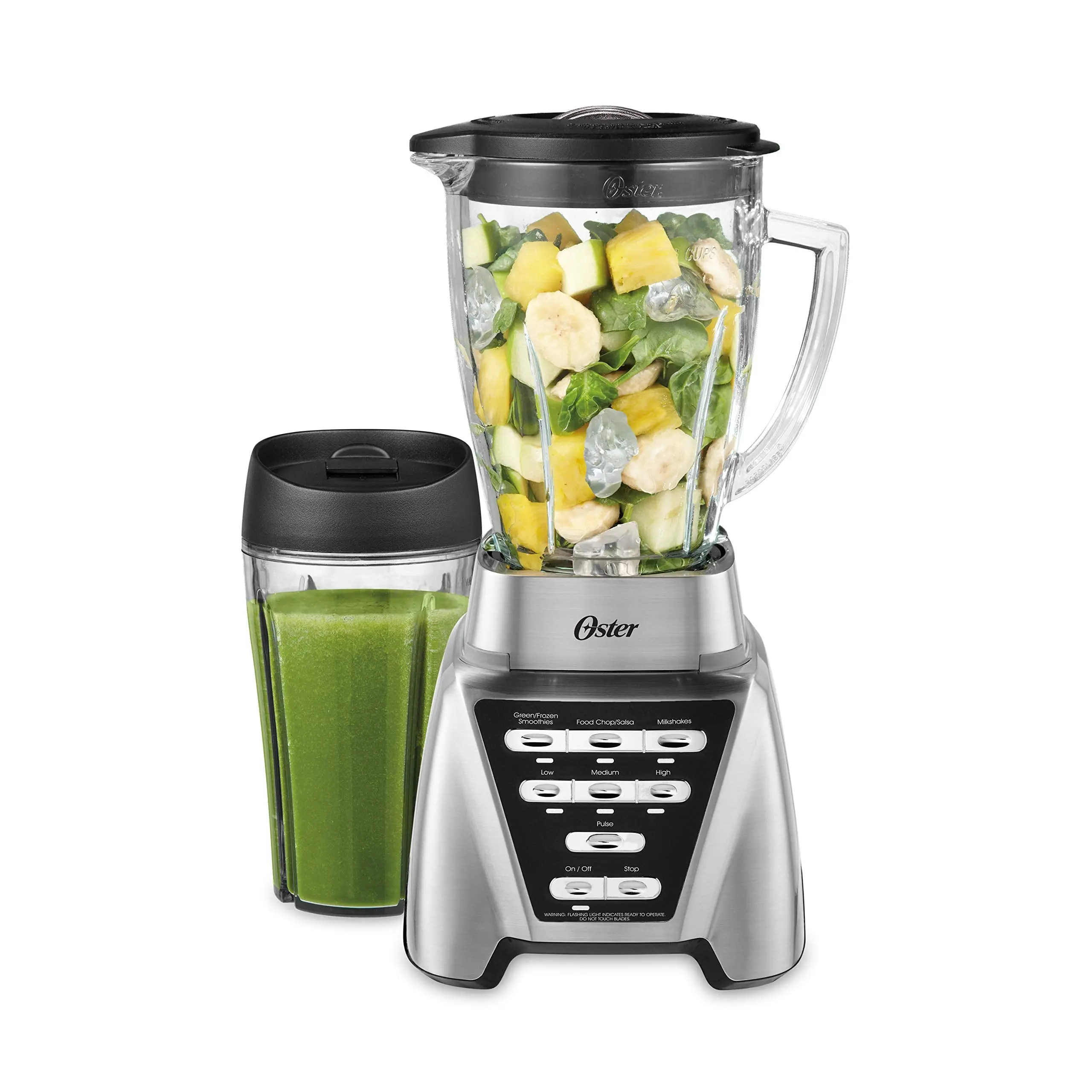 Oster Pro 1200 Blender, Brushed Nickel, 6-Cup Glass Jar, 24oz Smoothie Cup, 1200W, Dual Direction Blade, Pre-Programmed Settings