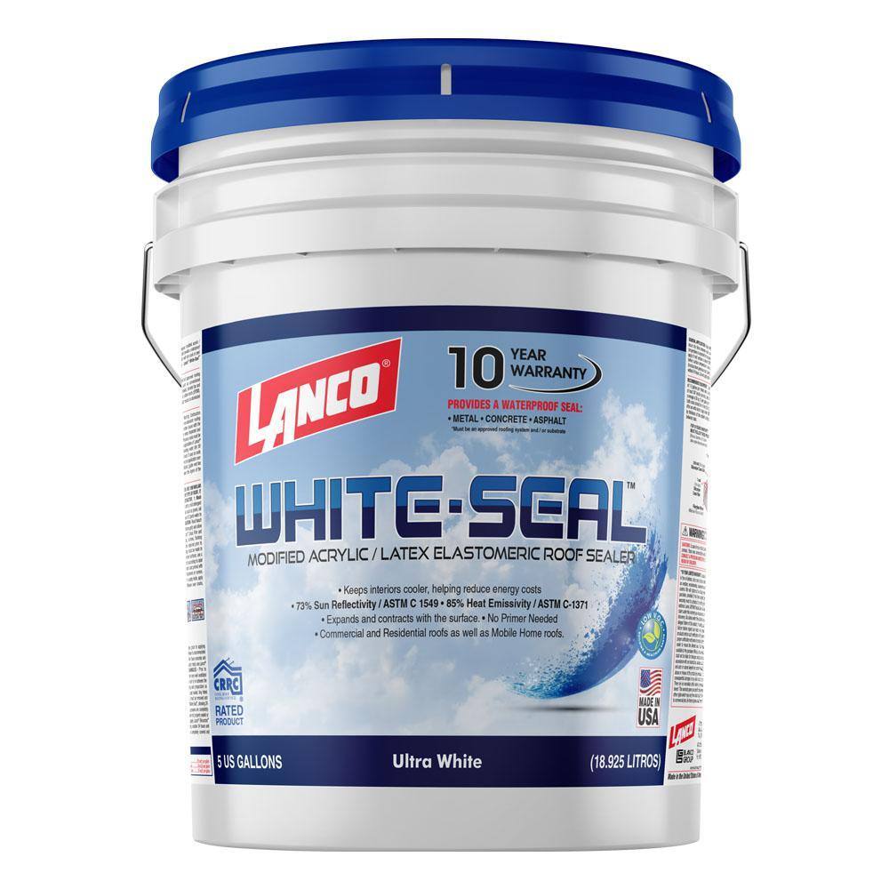 Lanco White-Seal Acrylic Elastomeric Roof Sealer, 5 Gal, Reflective & Waterproof