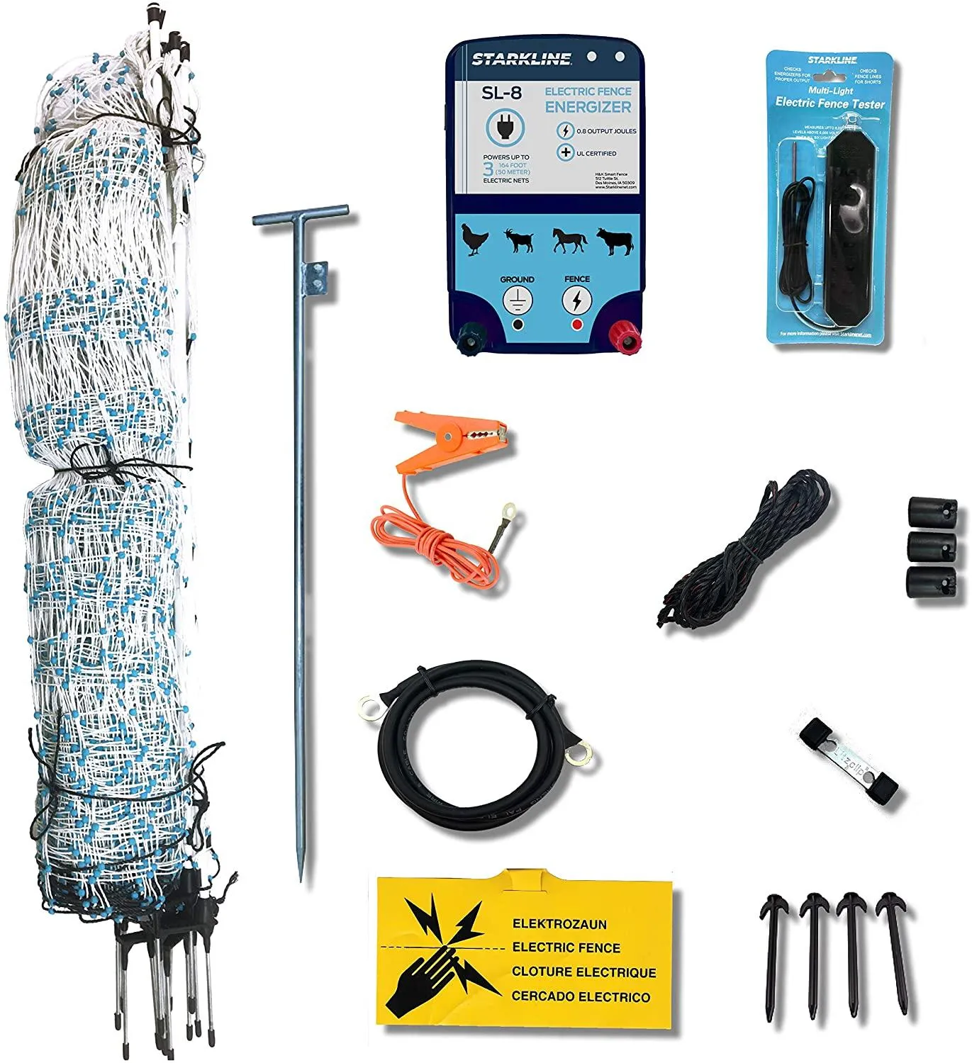 Starkline Electric Poultry Netting Kit – AC Energizer (48′′ x164′ White/Blue Poultry Netting) (12/48/3) All-in-One Electric Fence Kit for Backyards, Homesteads, Ranches or Farms