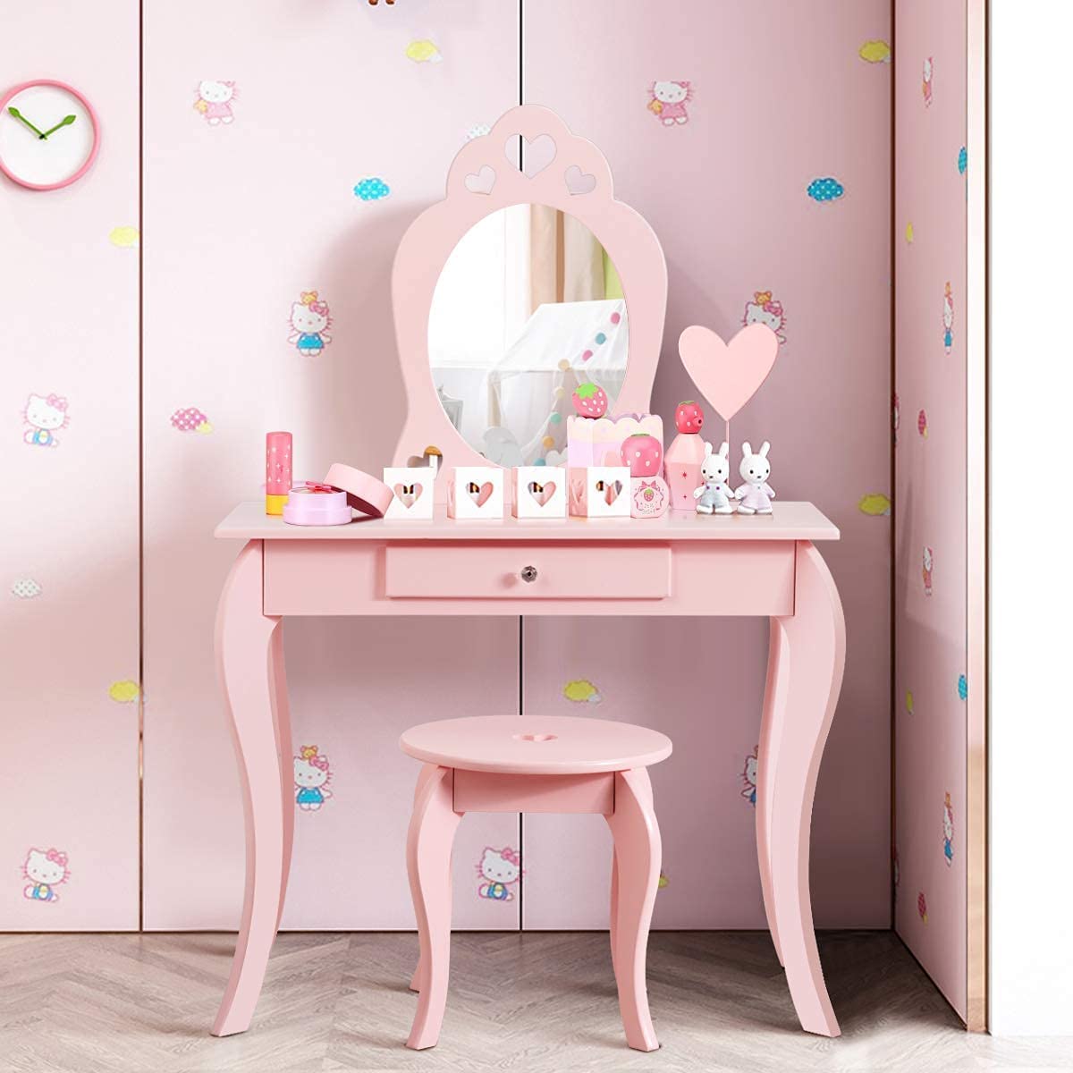 Fireflowery 2-in-1 Detachable Vanity Table with Mirror & Drawer for Girls, Pink/White
