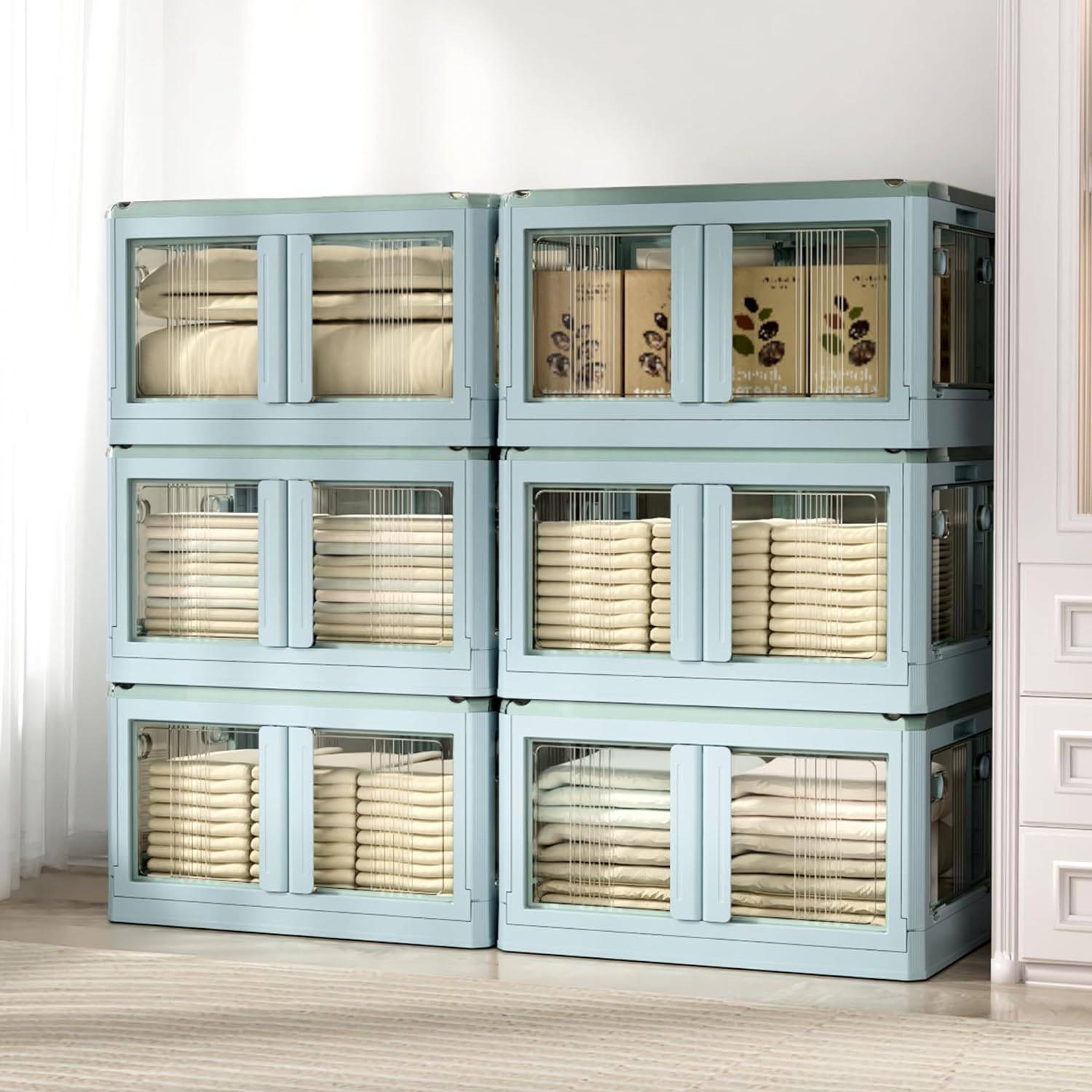 Moorehl 14.5 Gallon Blue Foldable Storage Bins with Lids, Stackable & Collapsible, 6 Pack