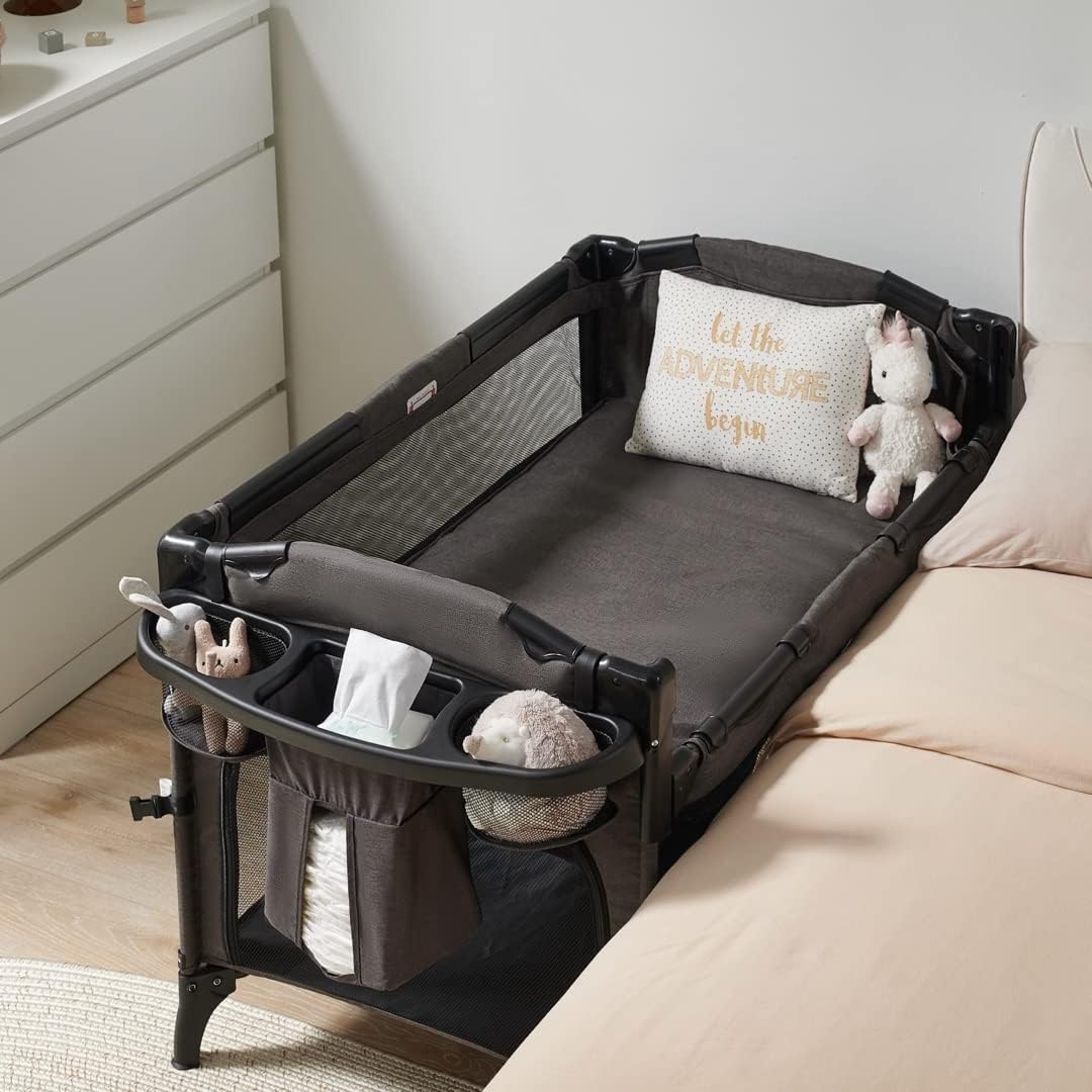 4-in-1 Baby Bassinet Bedside Sleeper Crib with Playard & Changing Table – Black