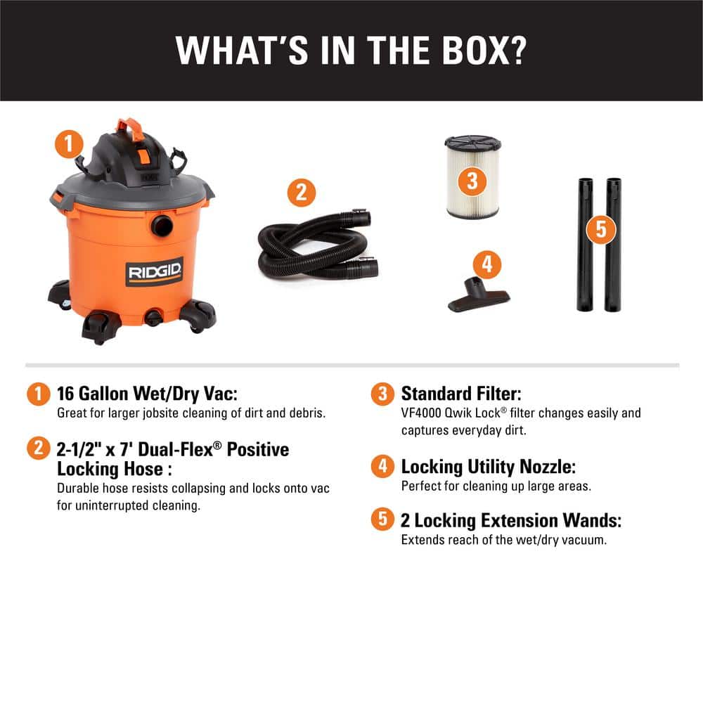 16 Gallon 5.0 Peak HP NXT Wet/Dry Shop Vacuum with Filter, Locking Hose and Accessories HD1640