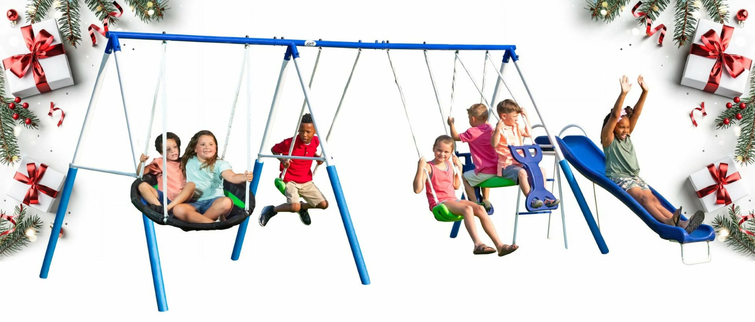 XDP Recreation All-Star Playground Metal Swing Set, 6-Leg, for 7 Kids, Heavy-Duty Steel, Includes Swings, Slide, Space Rider