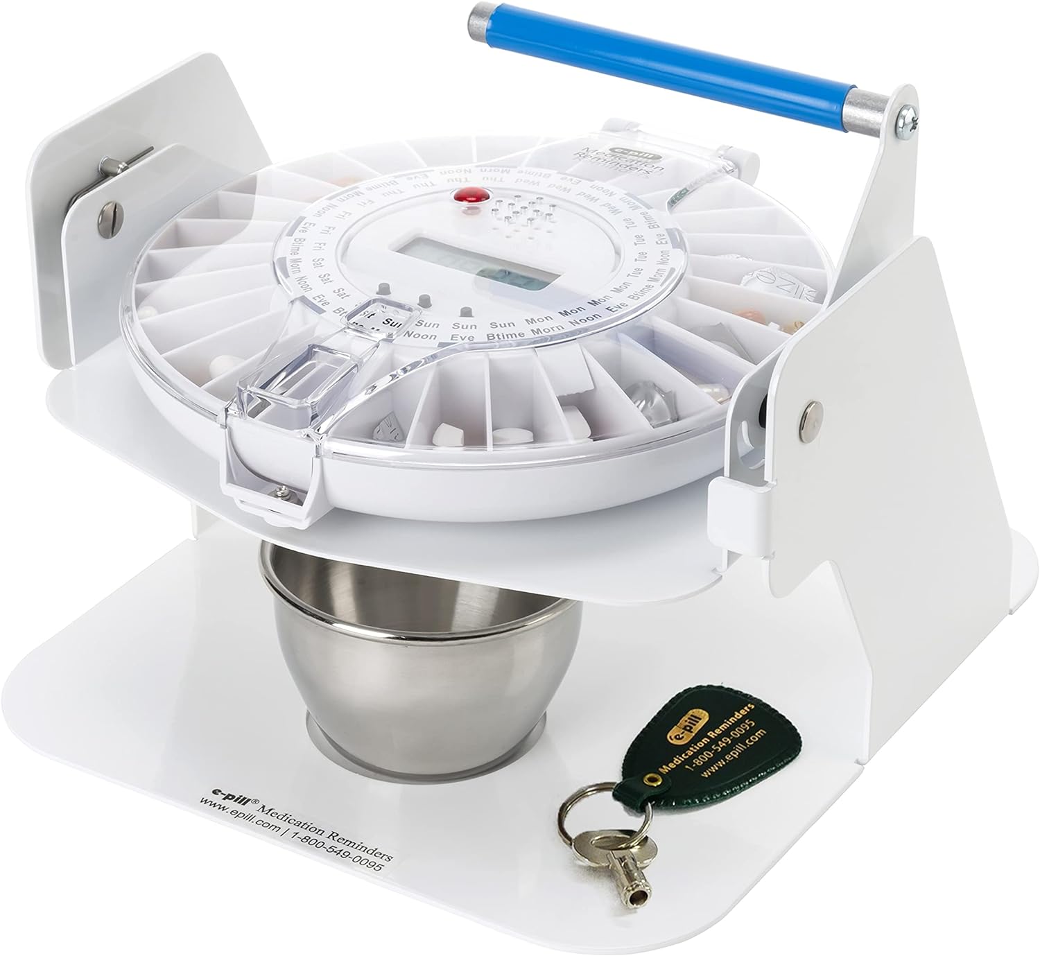 e-pill Automatic Pill Dispenser with Tipper Base, White, Stainless Steel, Key-Locked Lid, 6 Alarms, 28 Compartments