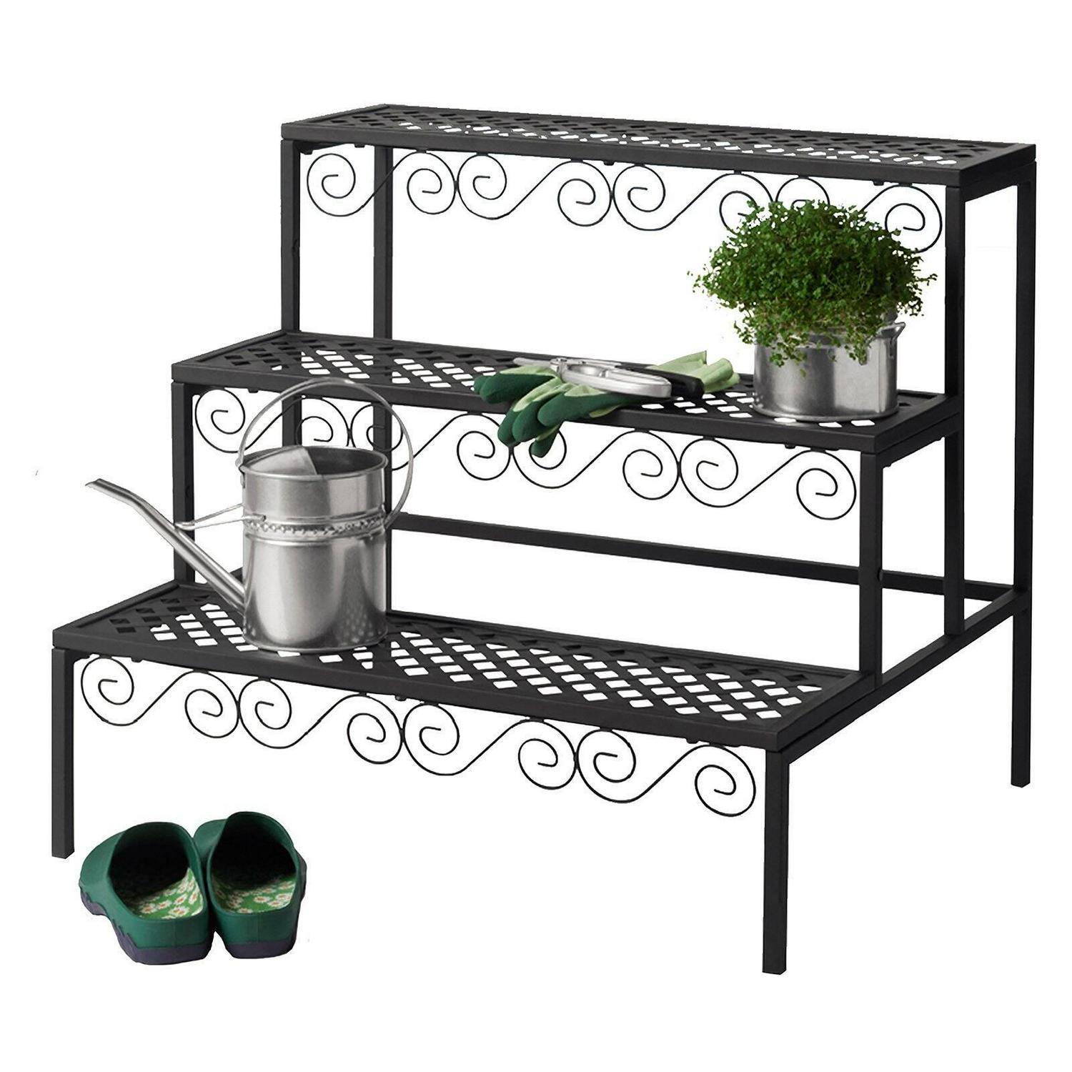 TDI Brands Tierra Garden Middle Plant Stand, Black Steel, Indoor/Outdoor, Elegant Scrollwork Design
