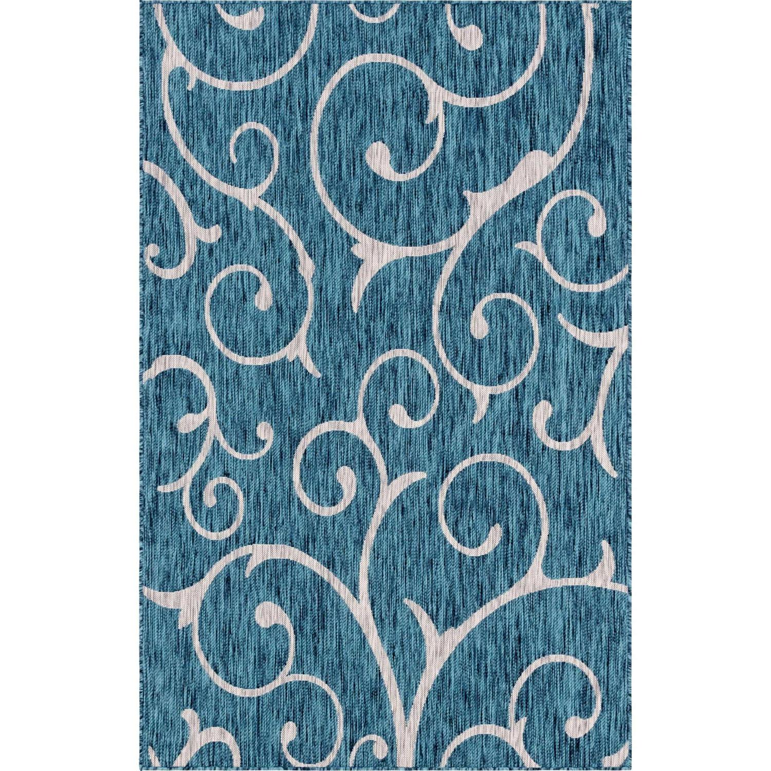 Unique Loom Botanical Indoor/Outdoor Rug, Teal/Ivory, 5′ x 8′ Rectangle, Polypropylene, Damask Pattern