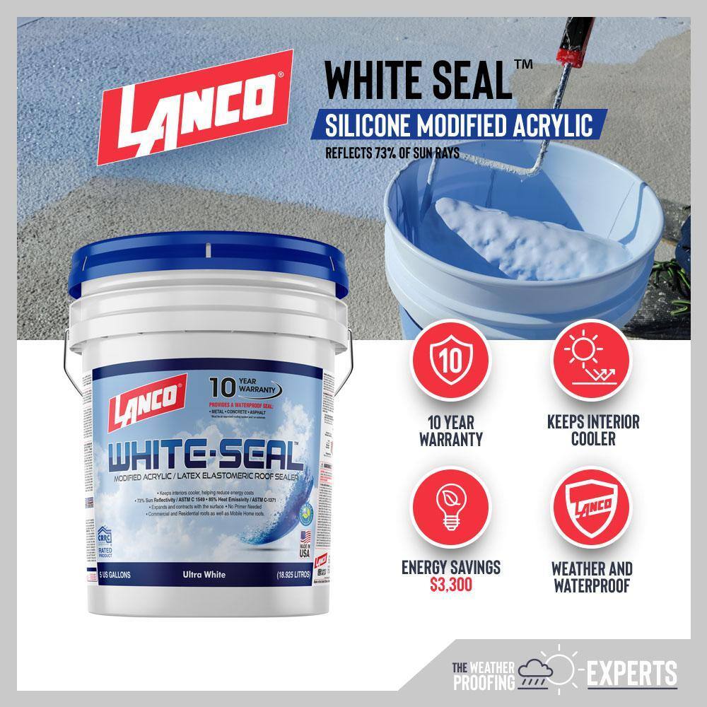Lanco White-Seal Acrylic Elastomeric Roof Sealer, 5 Gal, Reflective & Waterproof