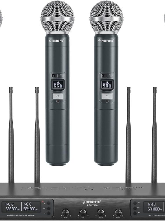 TONOR PTU-7000A Quad Channel Wireless Microphone System, 4 Handheld Dynamic Mics, 328ft Range, Auto Scan, Ideal for Singing, Church, Karaoke