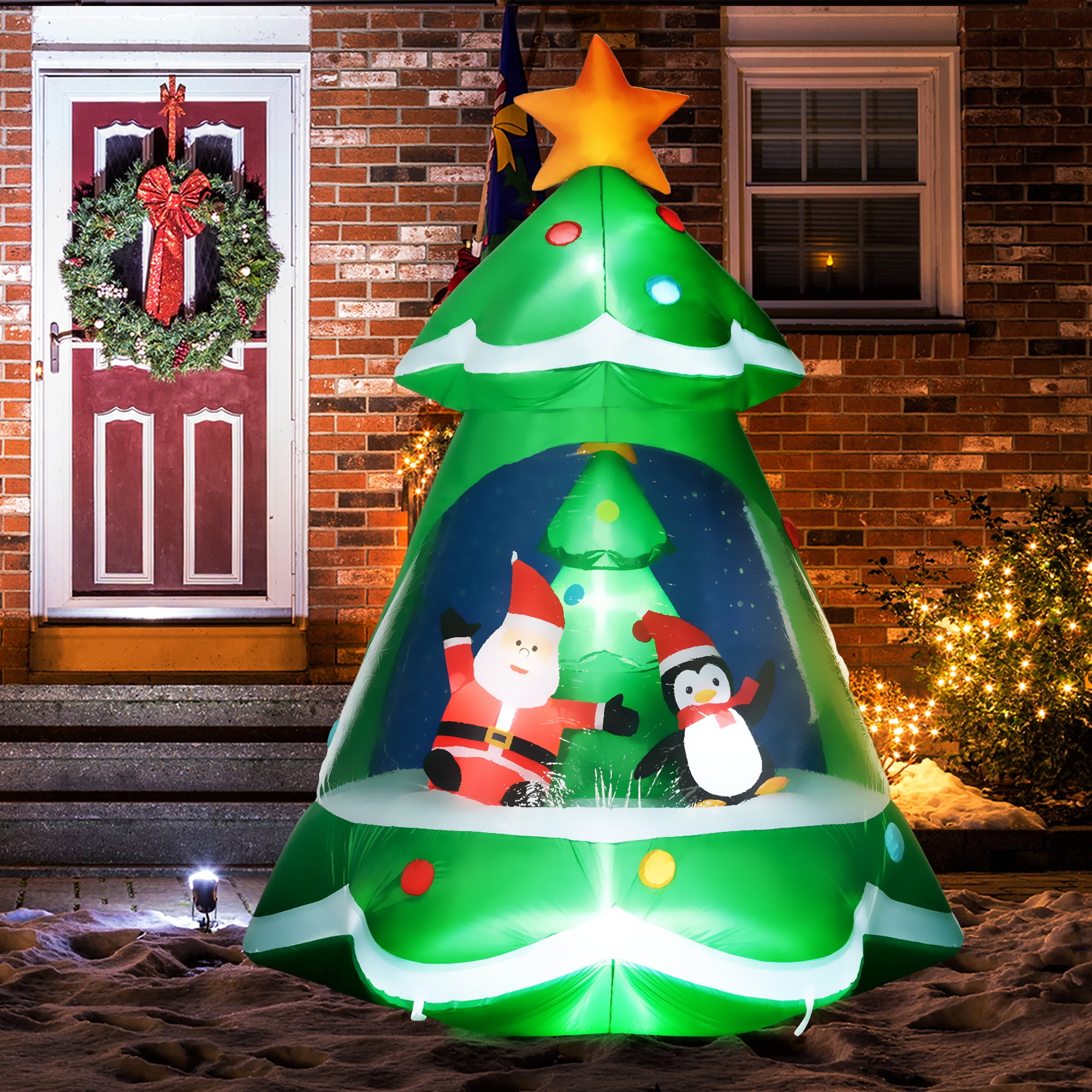 HOMCOM 7FT Inflatable Christmas Tree with Santa & Penguin, LED Lights, Outdoor Holiday Decor