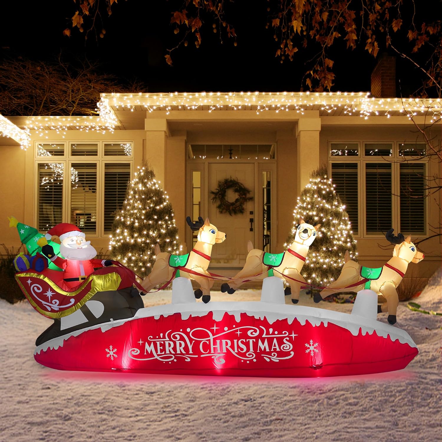 Funflatable 10 FT Red Santa Sleigh with Reindeer Inflatable Christmas Yard Decoration, Lighted & Weather Resistant