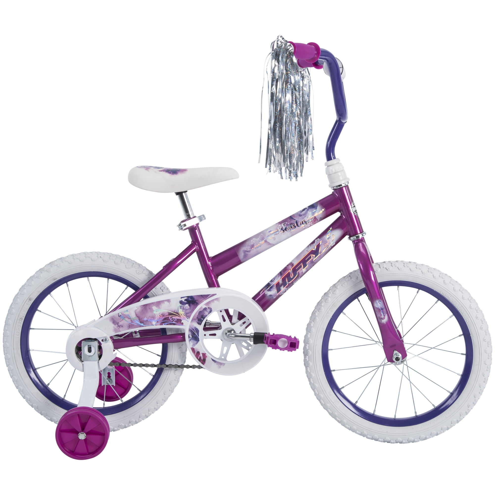 Huffy Sea Star 16′′ Girls’ Bike, Metallic Purple, Ages 4-6, EZ Build, Training Wheels